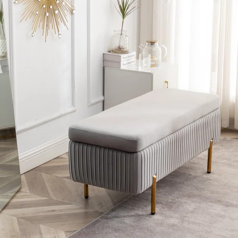 Designer Rich Grey Velvet Bench with Smart Storage Ottoman - Image 4
