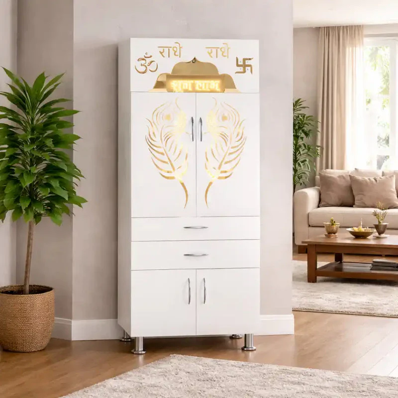Designer Wooden Mandir for Home with Doors Storage Drawers and Decorative LED Panel - Image 3