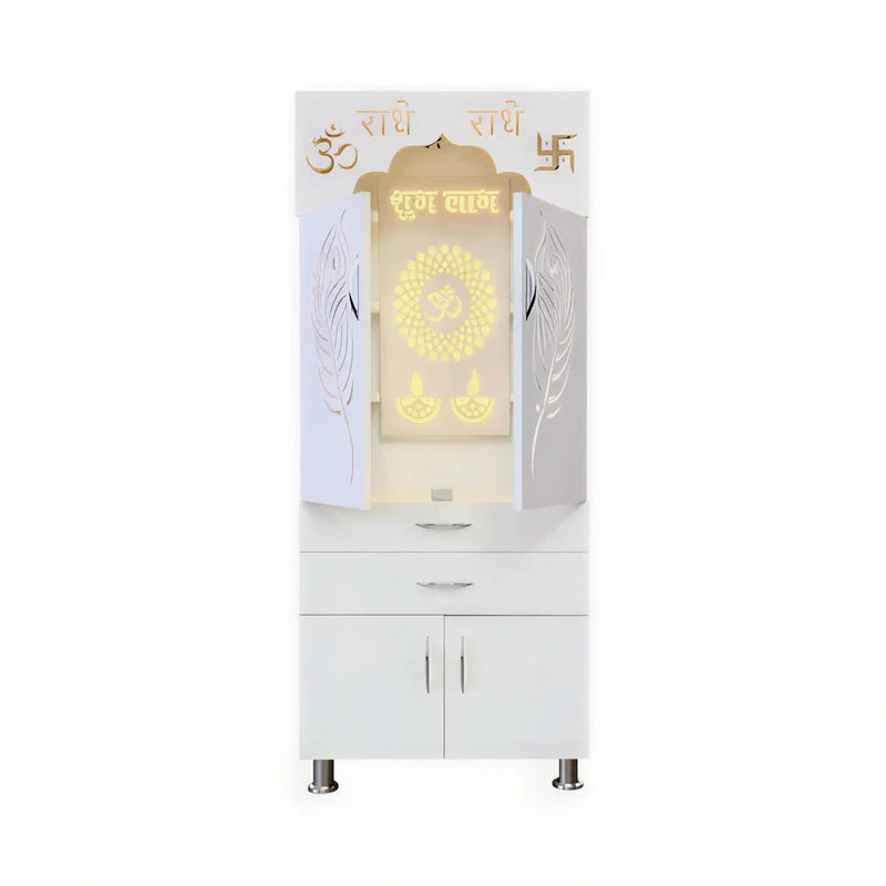Designer Wooden Mandir for Home with Doors Storage Drawers and Decorative LED Panel - Image 5