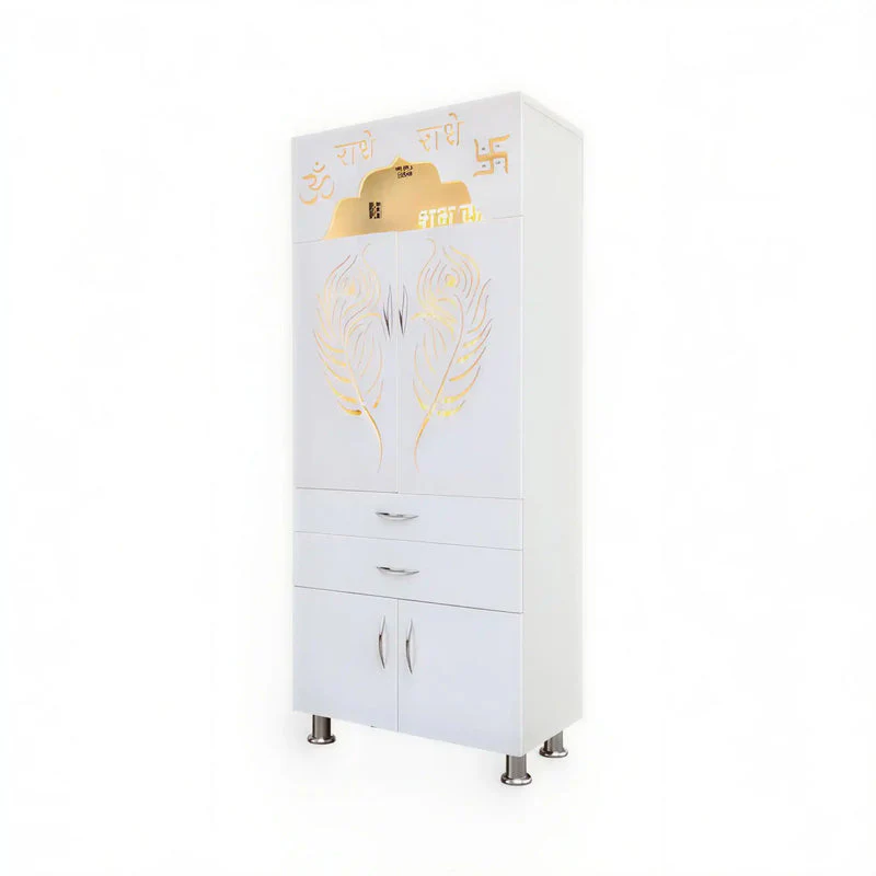 Designer Wooden Mandir for Home with Doors Storage Drawers and Decorative LED Panel - Image 6