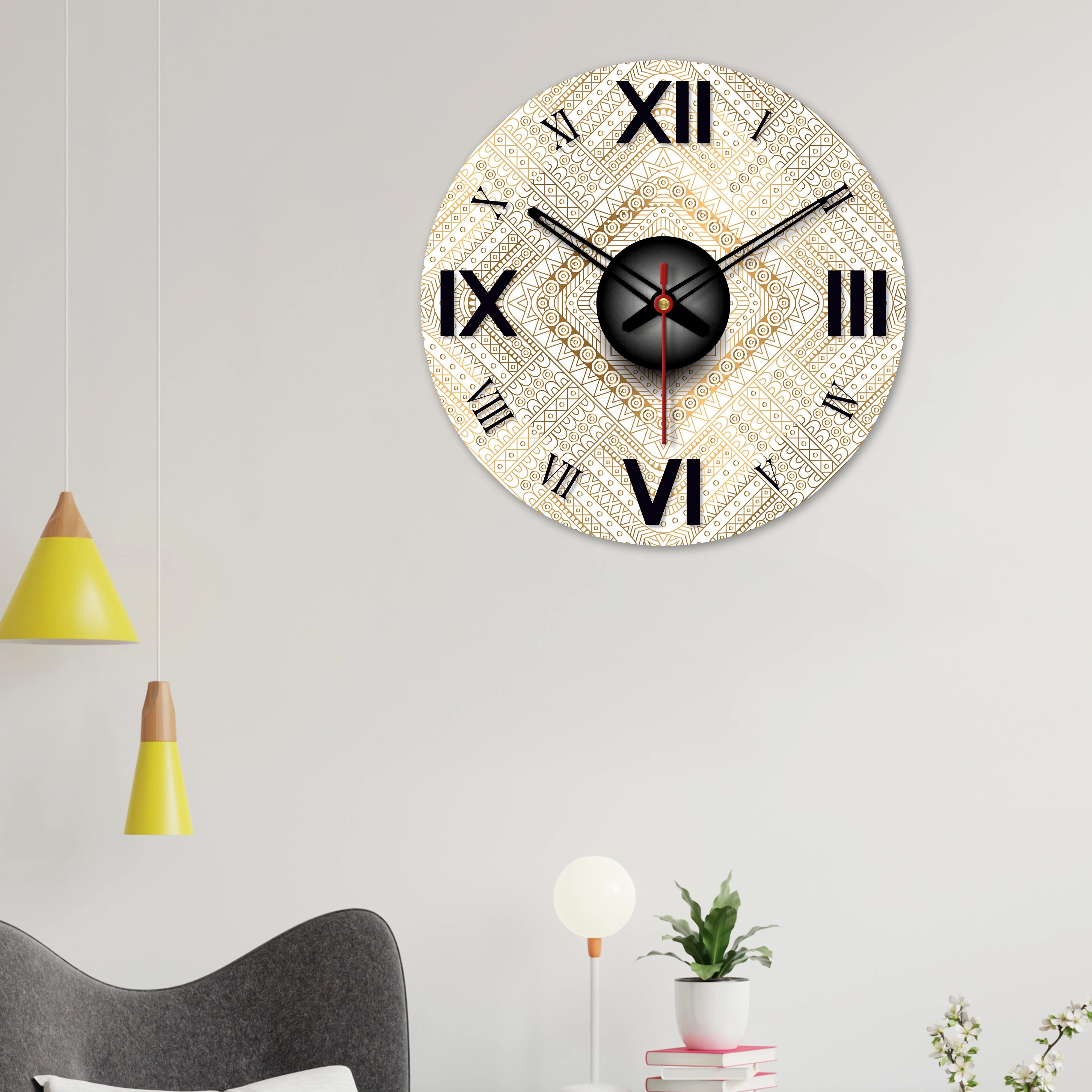 Detailed Golden Pattern Wooden Wall Clock - Image 2