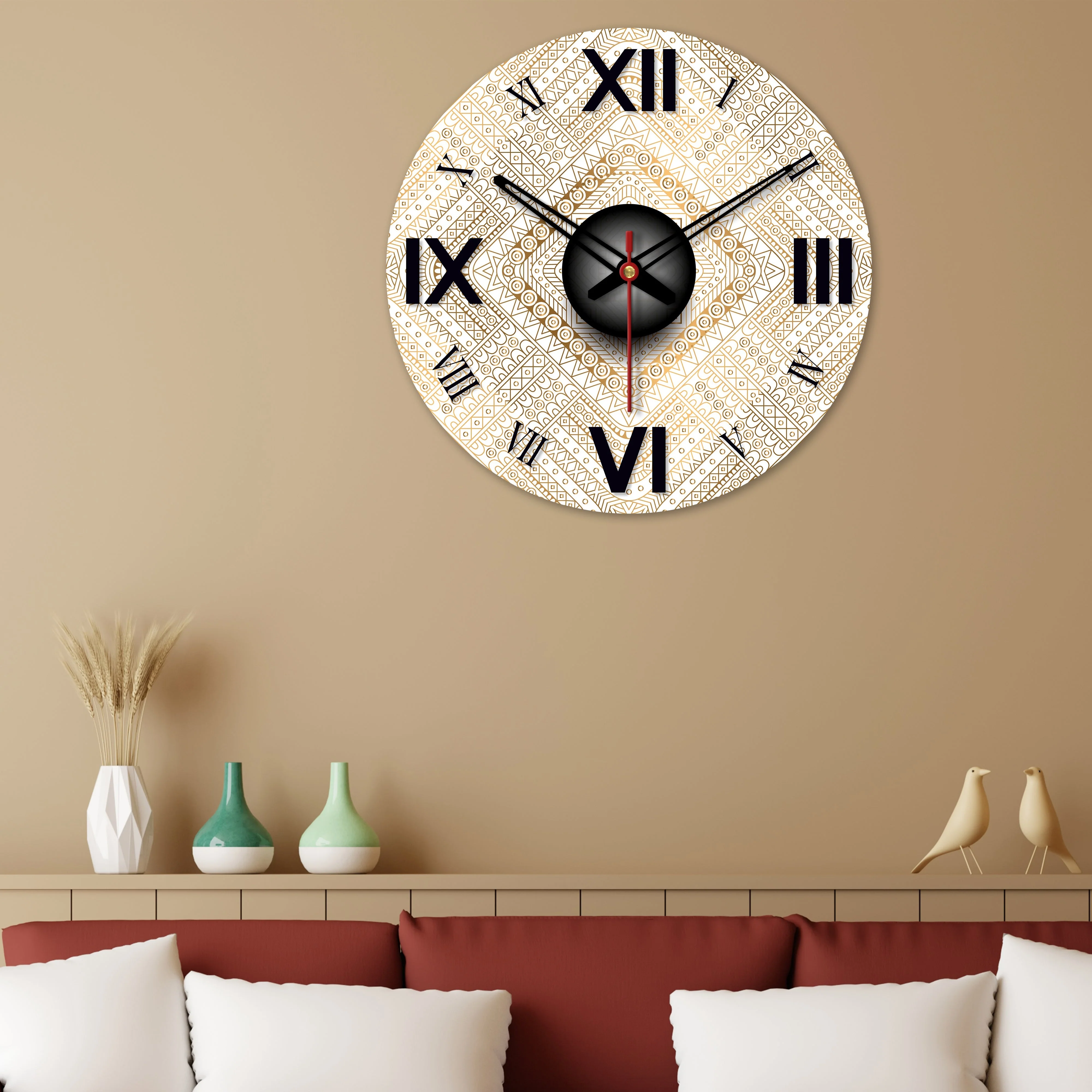 Detailed Golden Pattern Wooden Wall Clock - Image 3