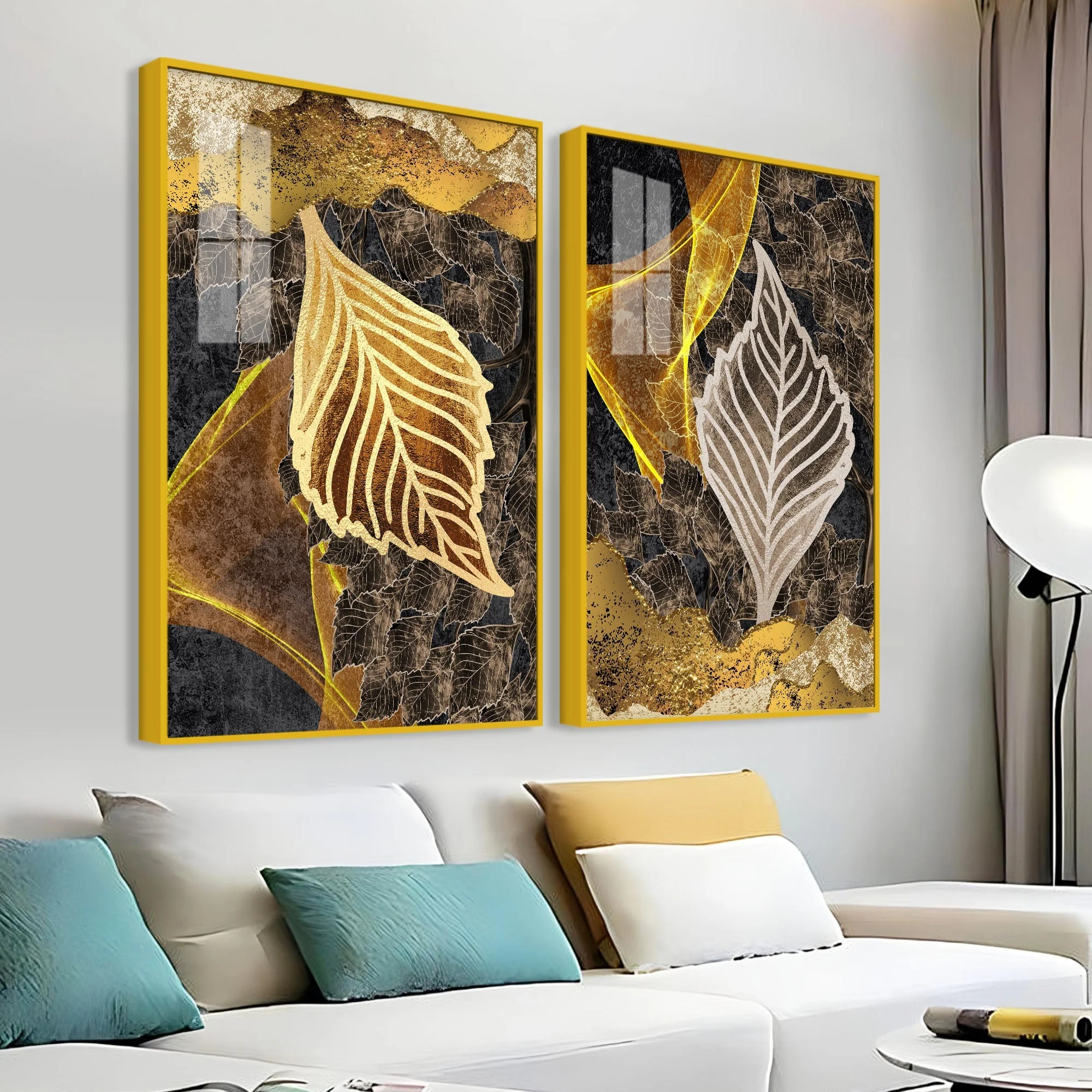 Detailed Leaves Pattern Acrylic Floating Wall Painting Set of 2 - Image 3