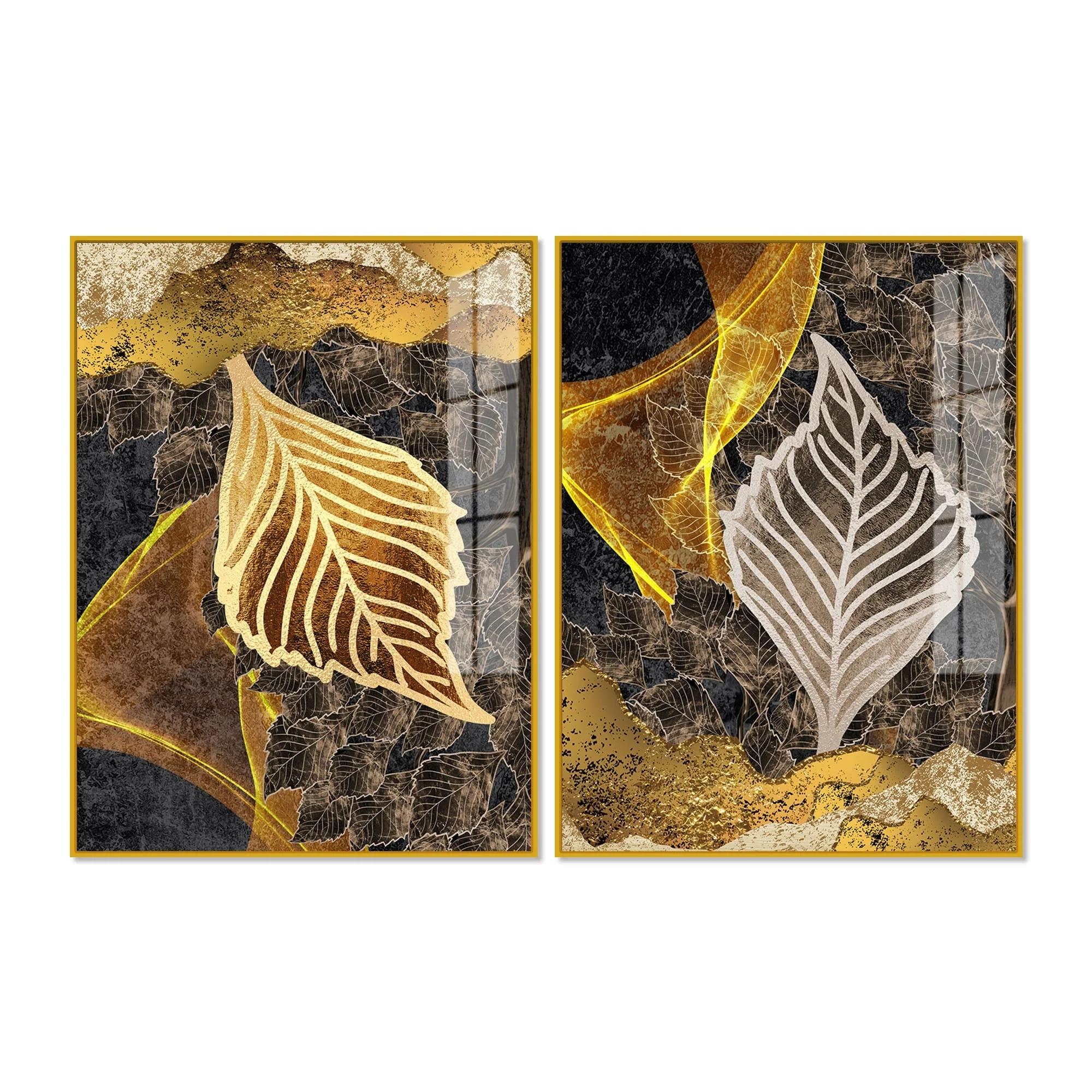 Detailed Leaves Pattern Acrylic Floating Wall Painting Set of 2 - Image 5
