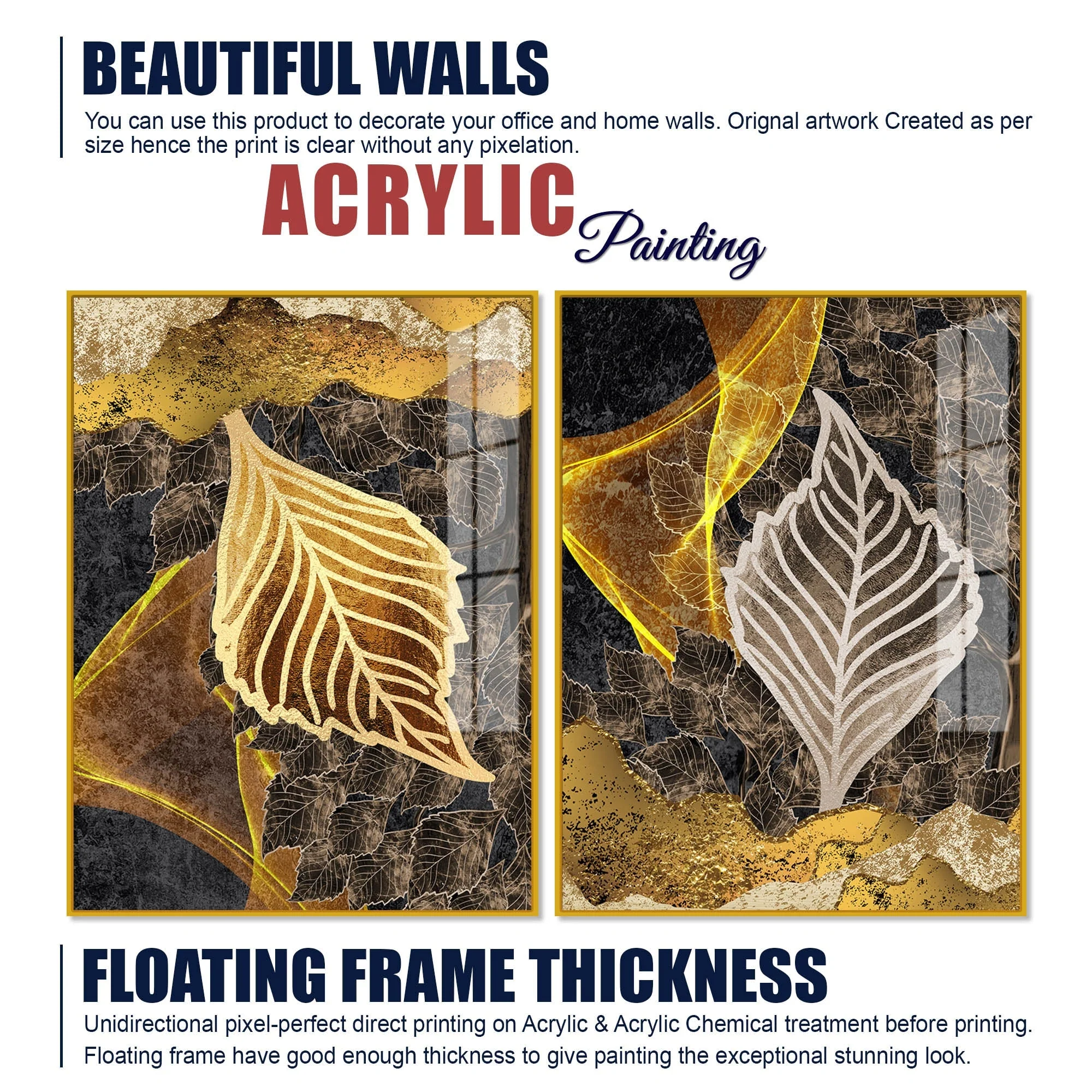 Detailed Leaves Pattern Acrylic Floating Wall Painting Set of 2 - Image 6