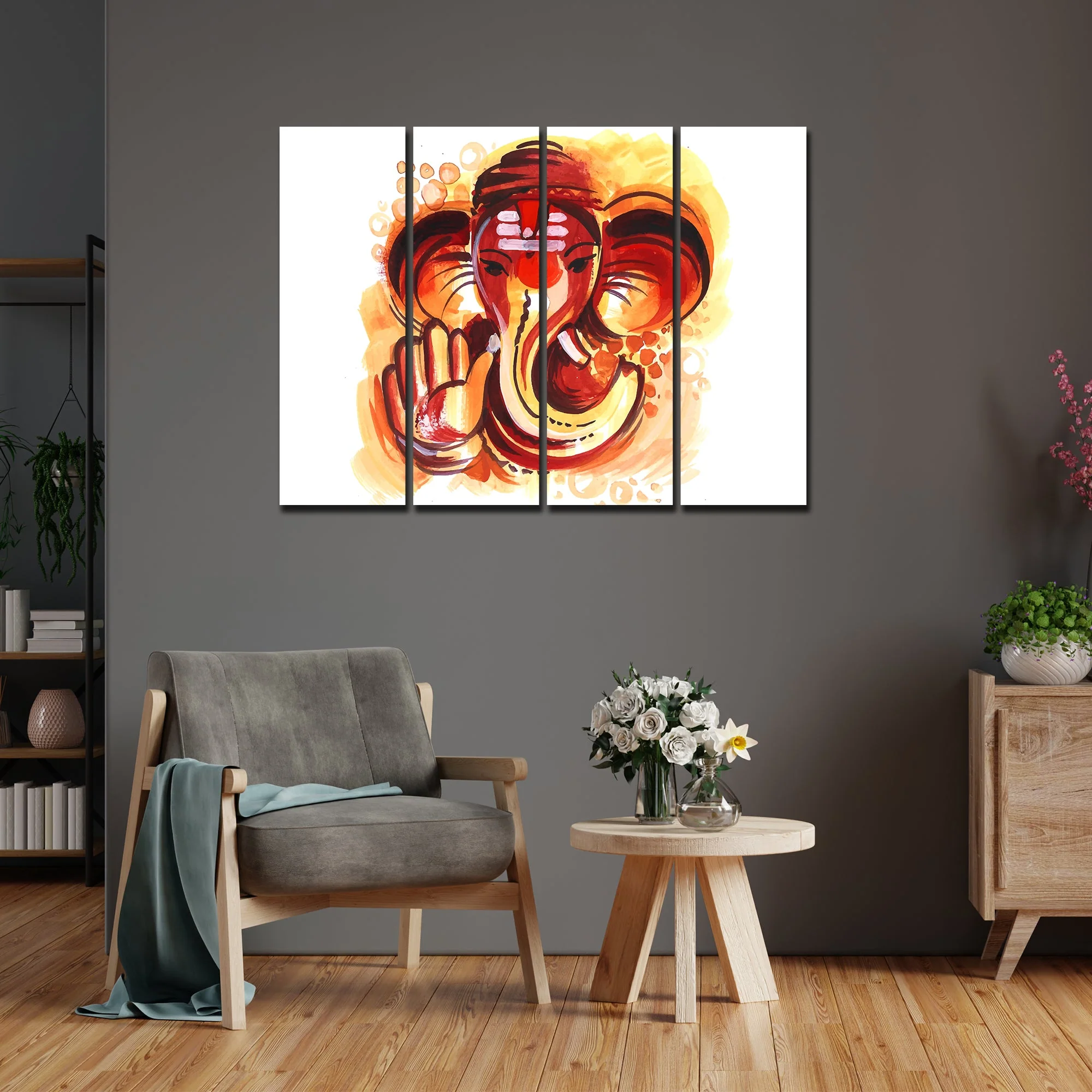 Deva Shree Ganesha Head Abstract Art Canvas Wall Painting Set of 4 - Image 2
