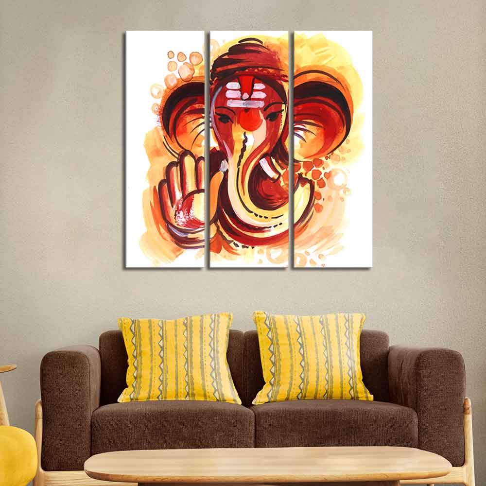 Deva Shree Ganesha Head Abstract Art Canvas Wall Painting Set of Three - Image 2