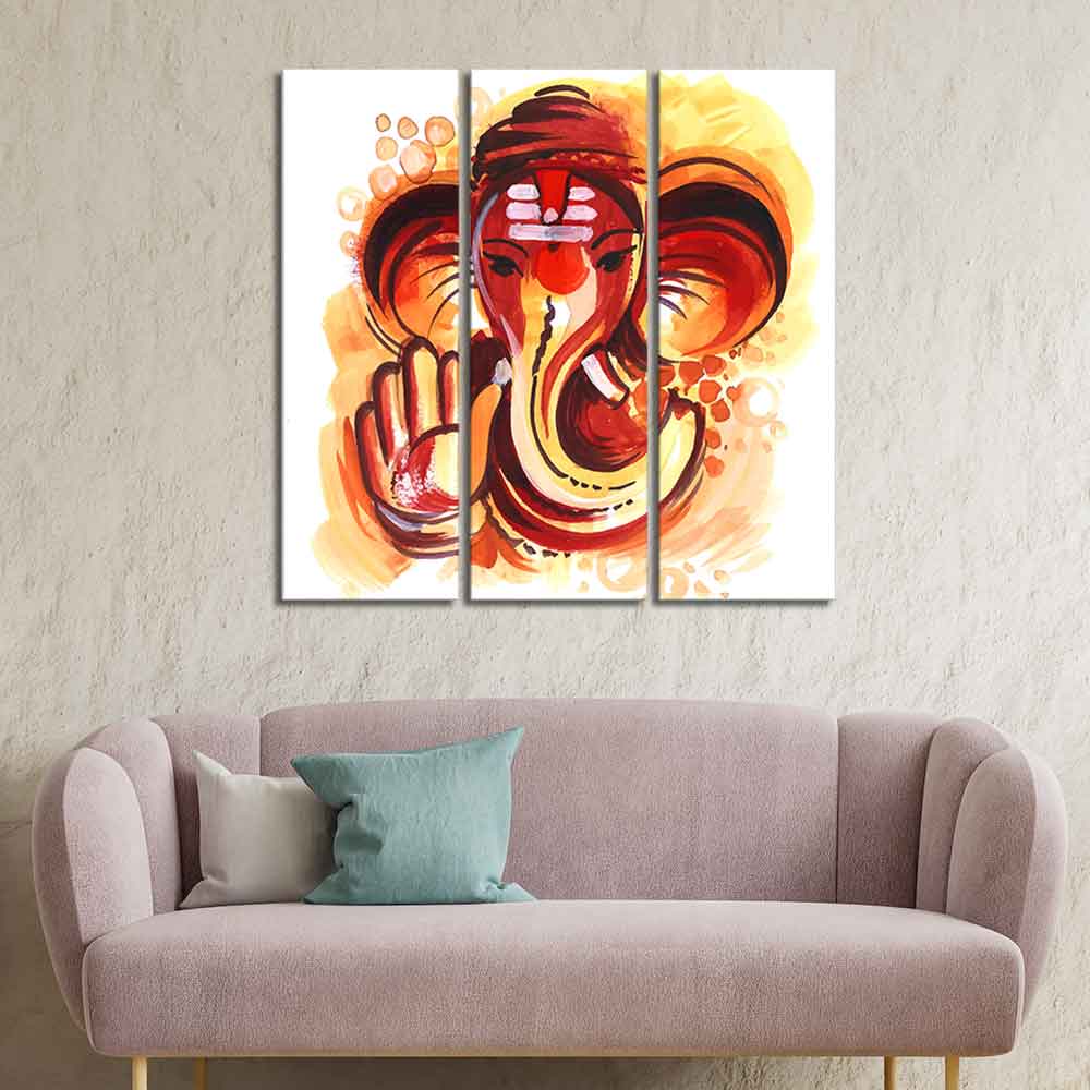 Deva Shree Ganesha Head Abstract Art Canvas Wall Painting Set of Three - Image 3