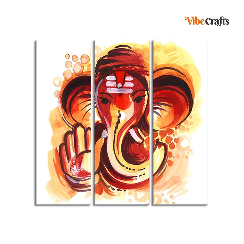 Deva Shree Ganesha Head Abstract Art Canvas Wall Painting Set of Three - Image 4
