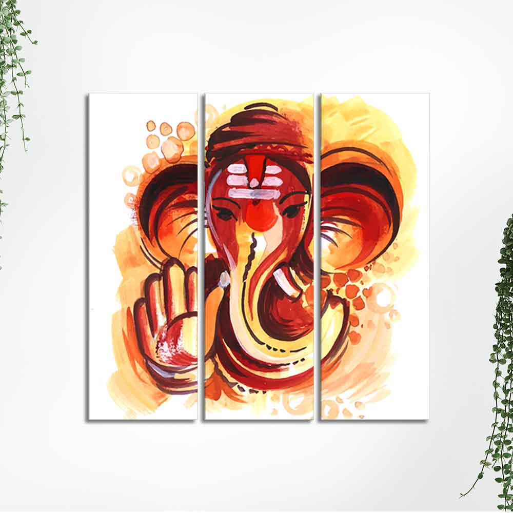 Deva Shree Ganesha Head Abstract Art Canvas Wall Painting Set of Three - Image 5