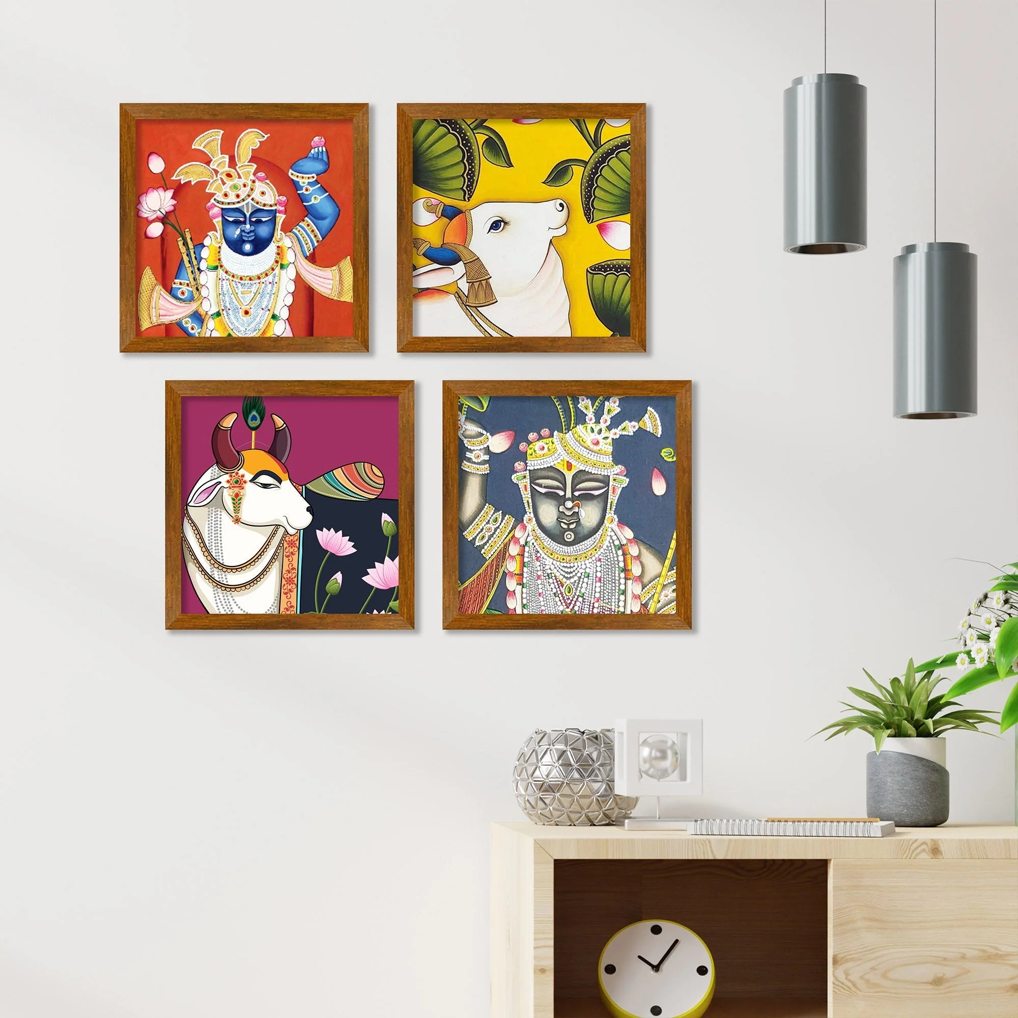 Devine Shrinathji Pichwai Cow Wooden Wall Frame Set of Four - Image 2
