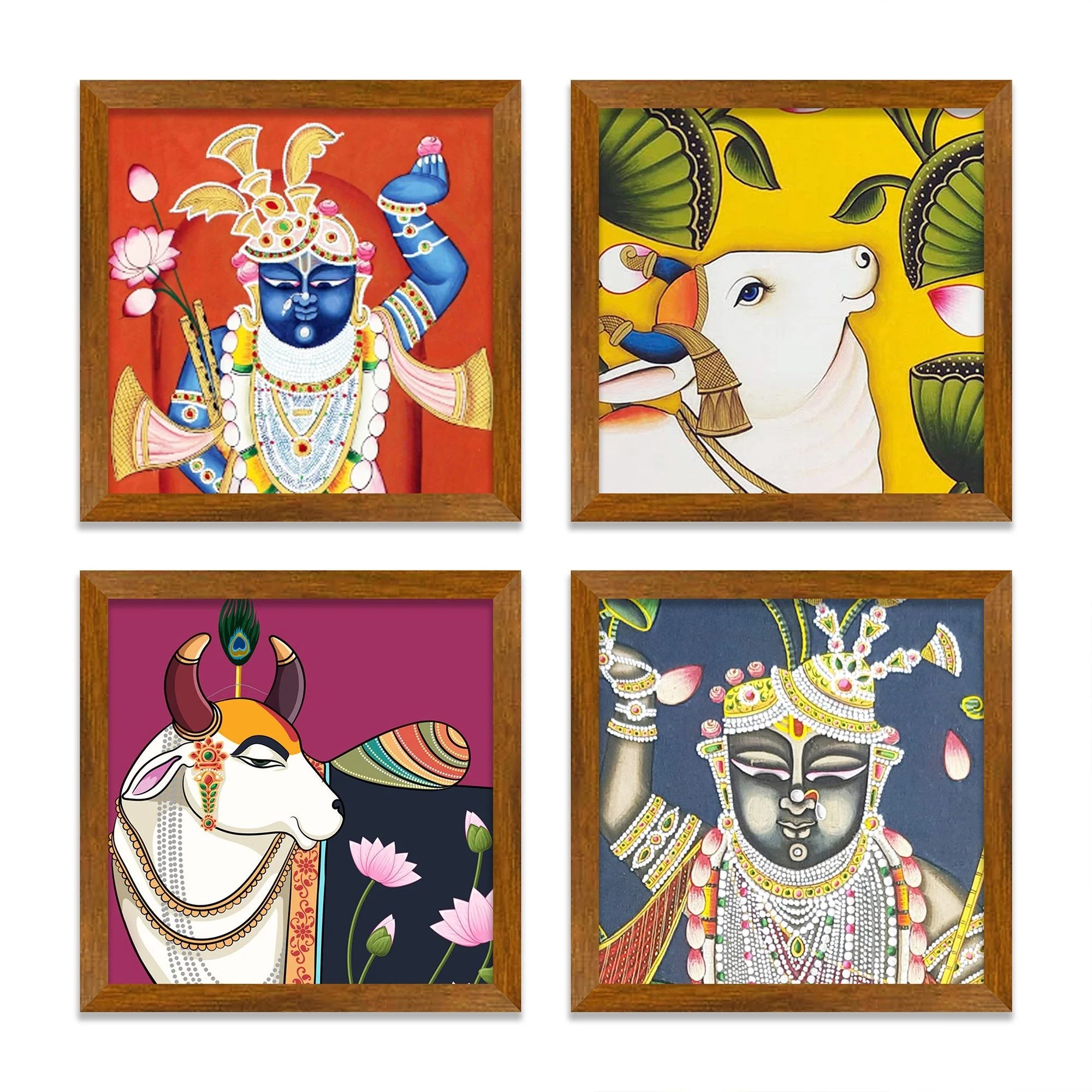 Devine Shrinathji Pichwai Cow Wooden Wall Frame Set of Four - Image 3