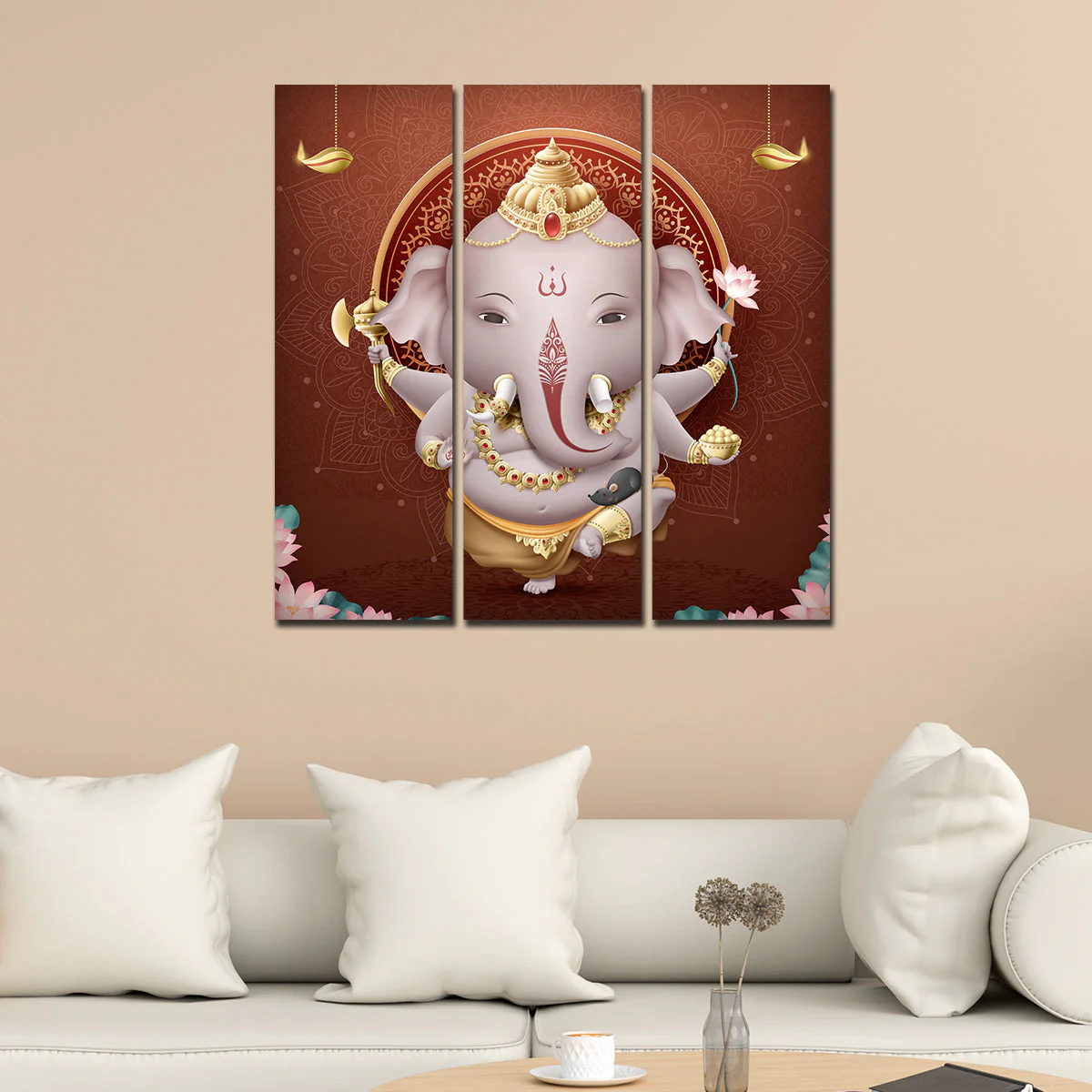 Devotional Lord Ganesha Canvas Wall Painting of Three Pieces - Image 3