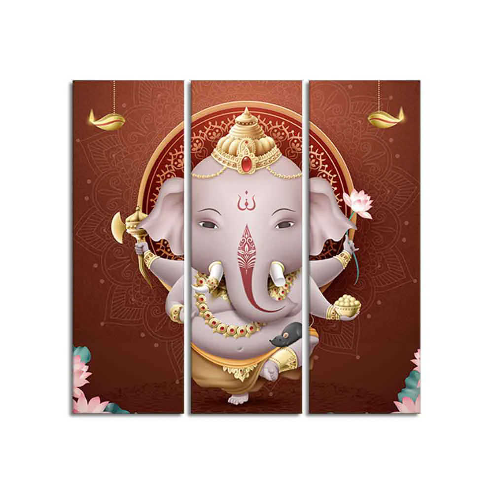 Devotional Lord Ganesha Canvas Wall Painting of Three Pieces - Image 4