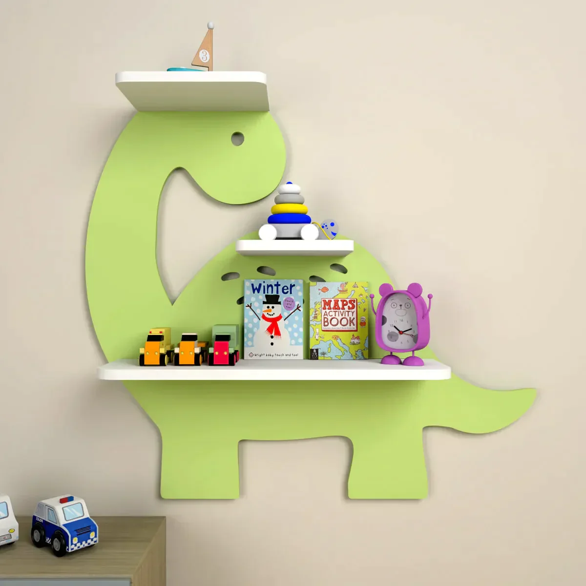 Dinosaur Shaped Wooden Wall Storage Shelf for Kids - Image 2