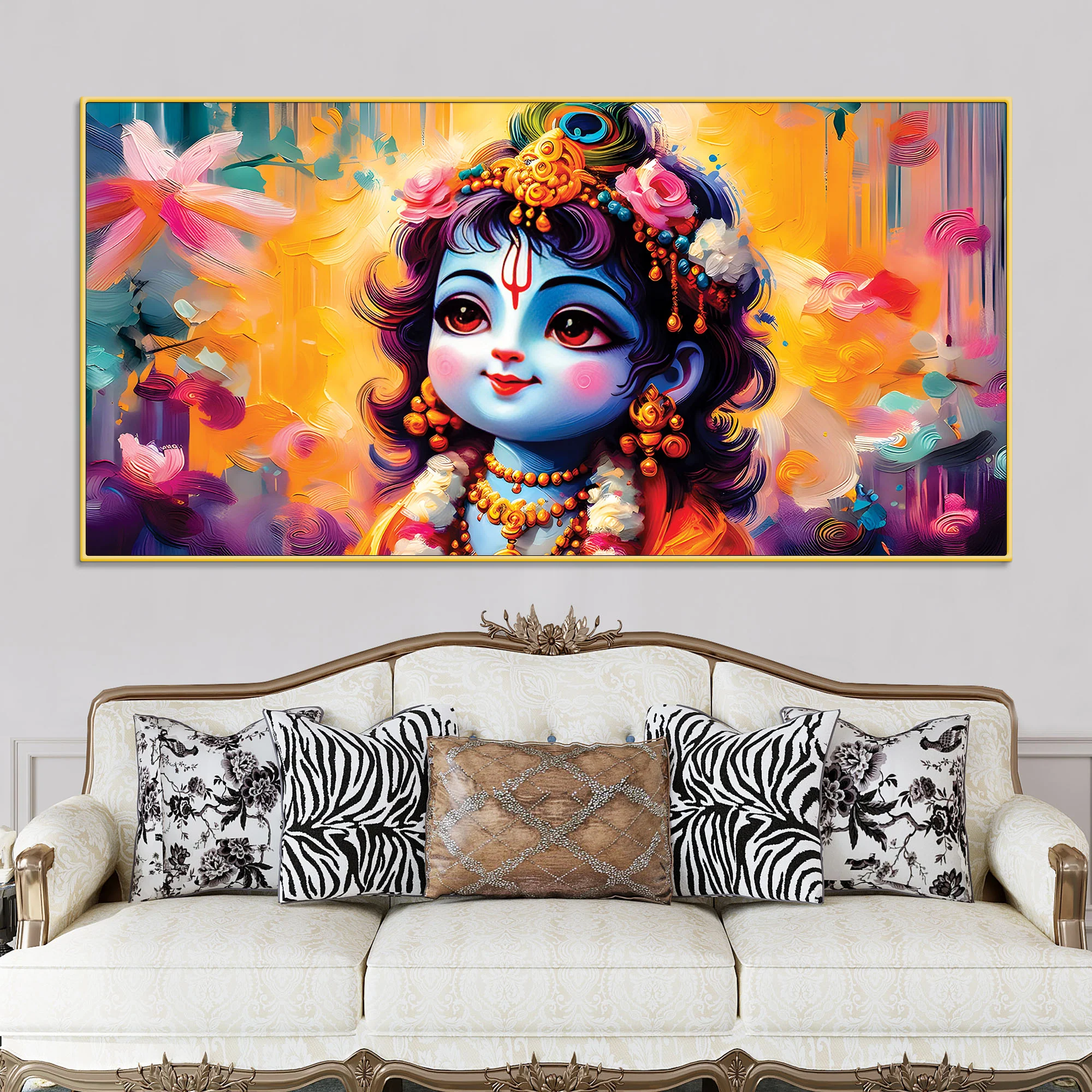 Divine Bal Krishna Floral Background Painting