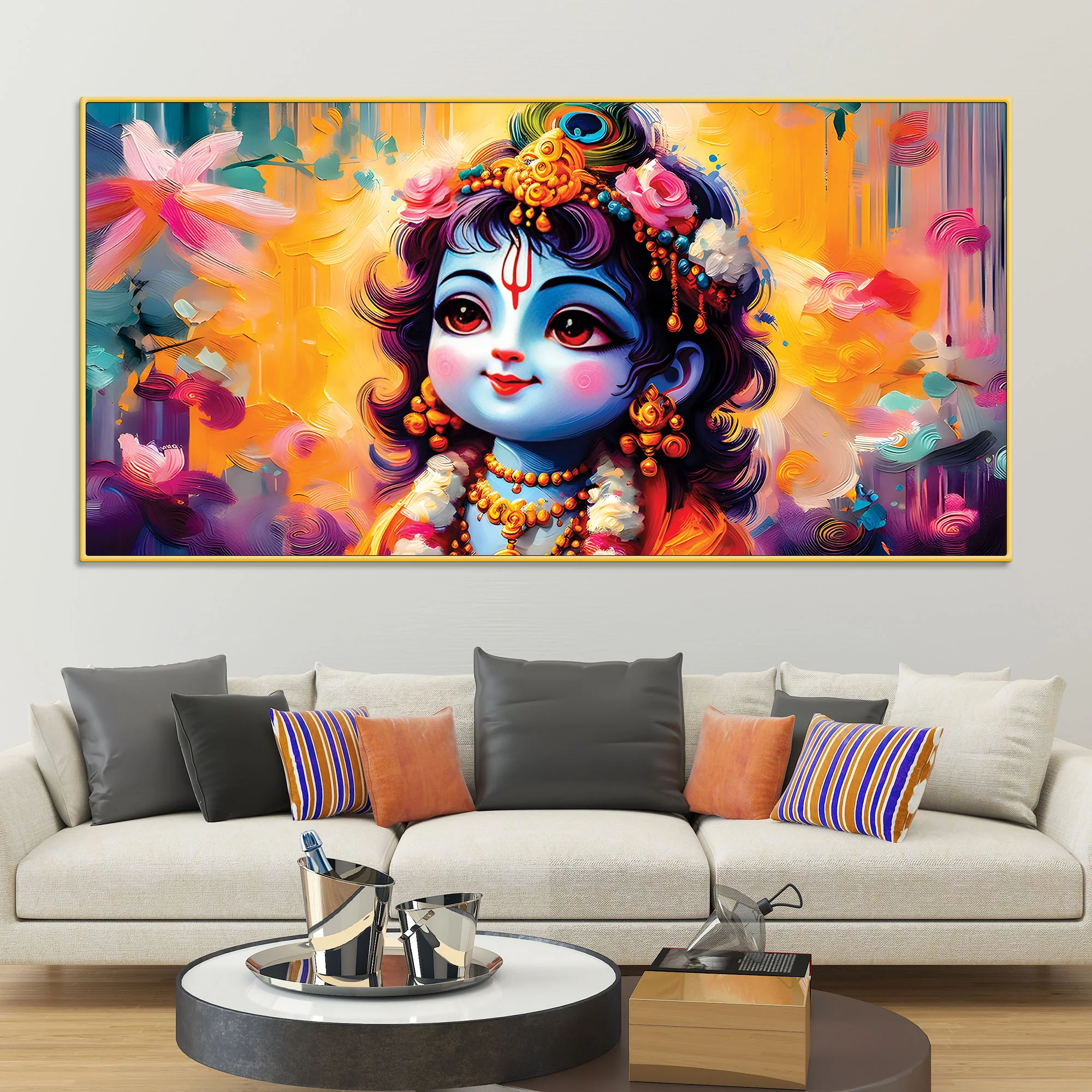 Divine Bal Krishna Floral Background Painting - Image 2