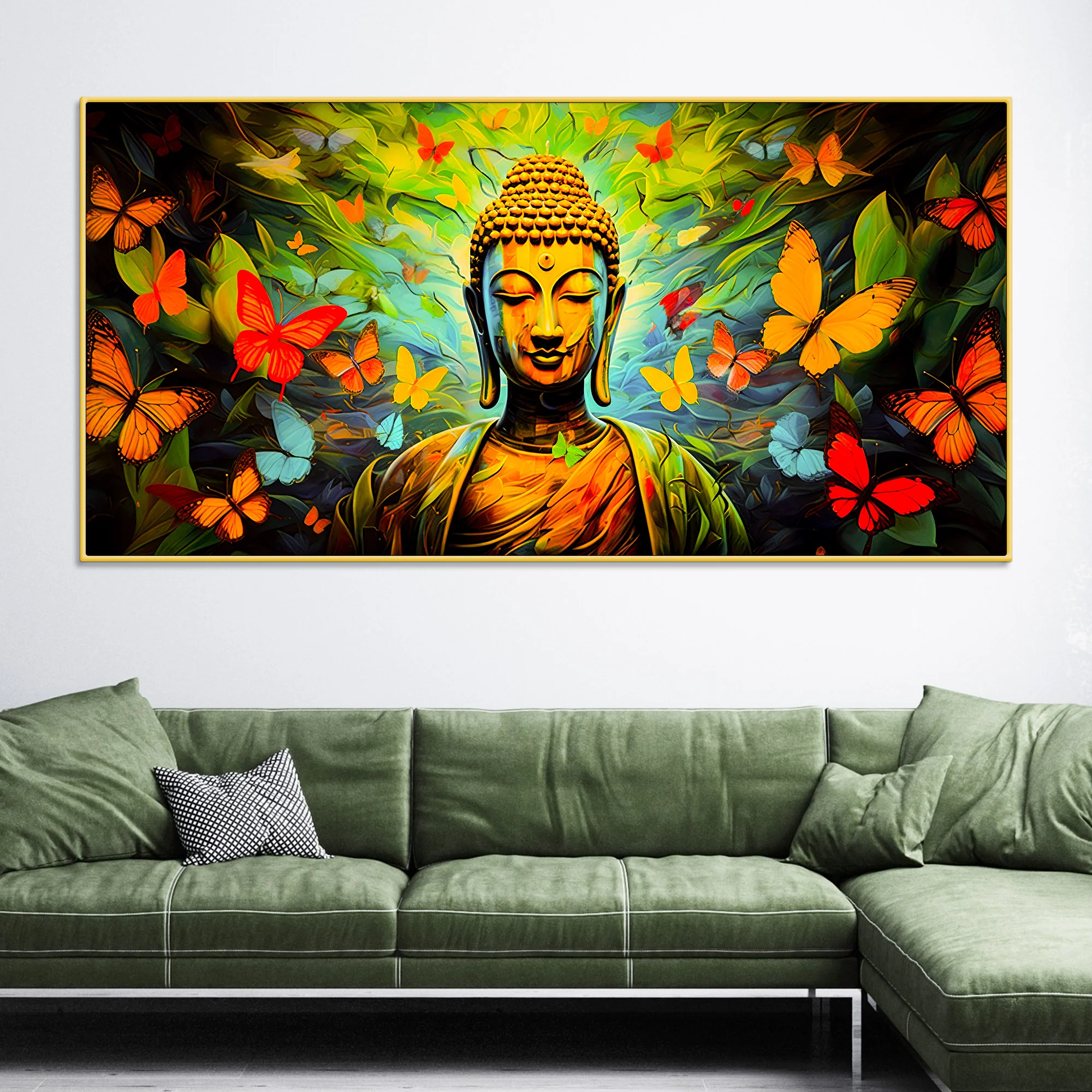 Divine Buddha Wall Painting with Butterfly & Green Nature Theme