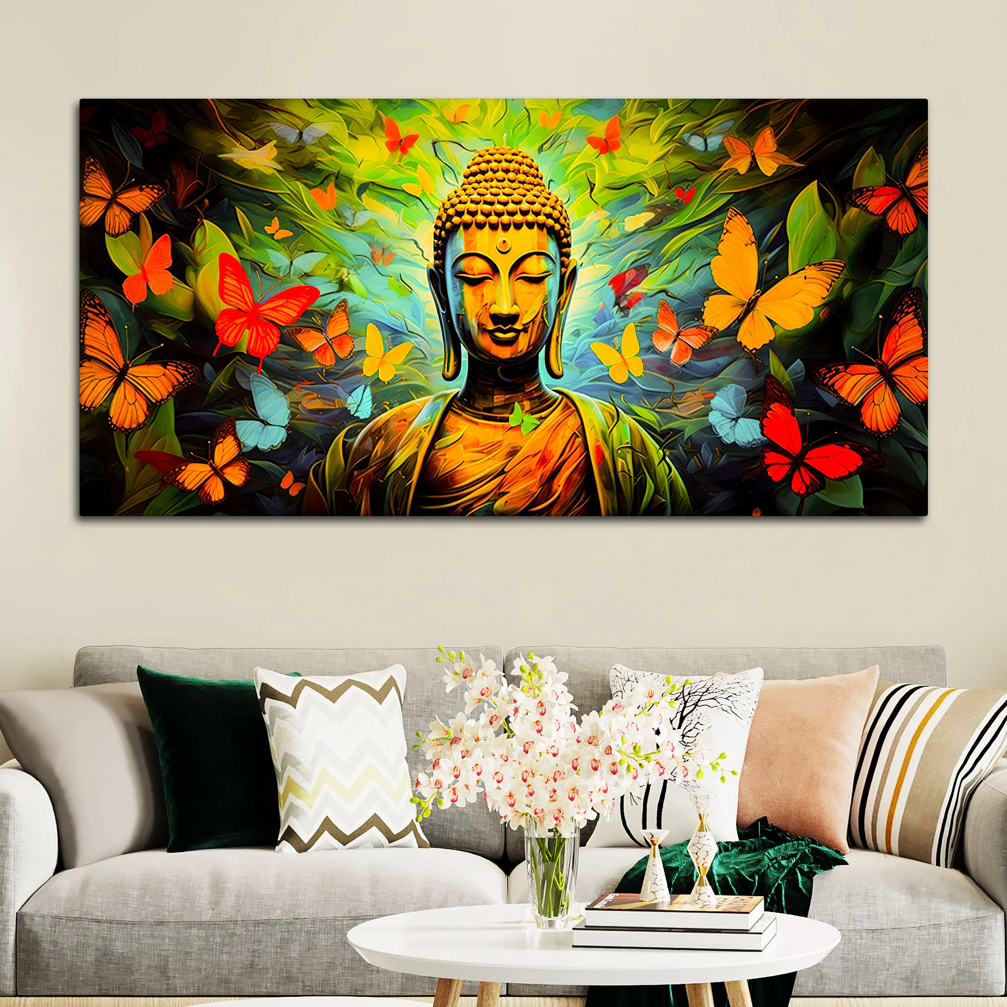 Divine Buddha Wall Painting with Butterfly & Green Nature Theme - Image 3