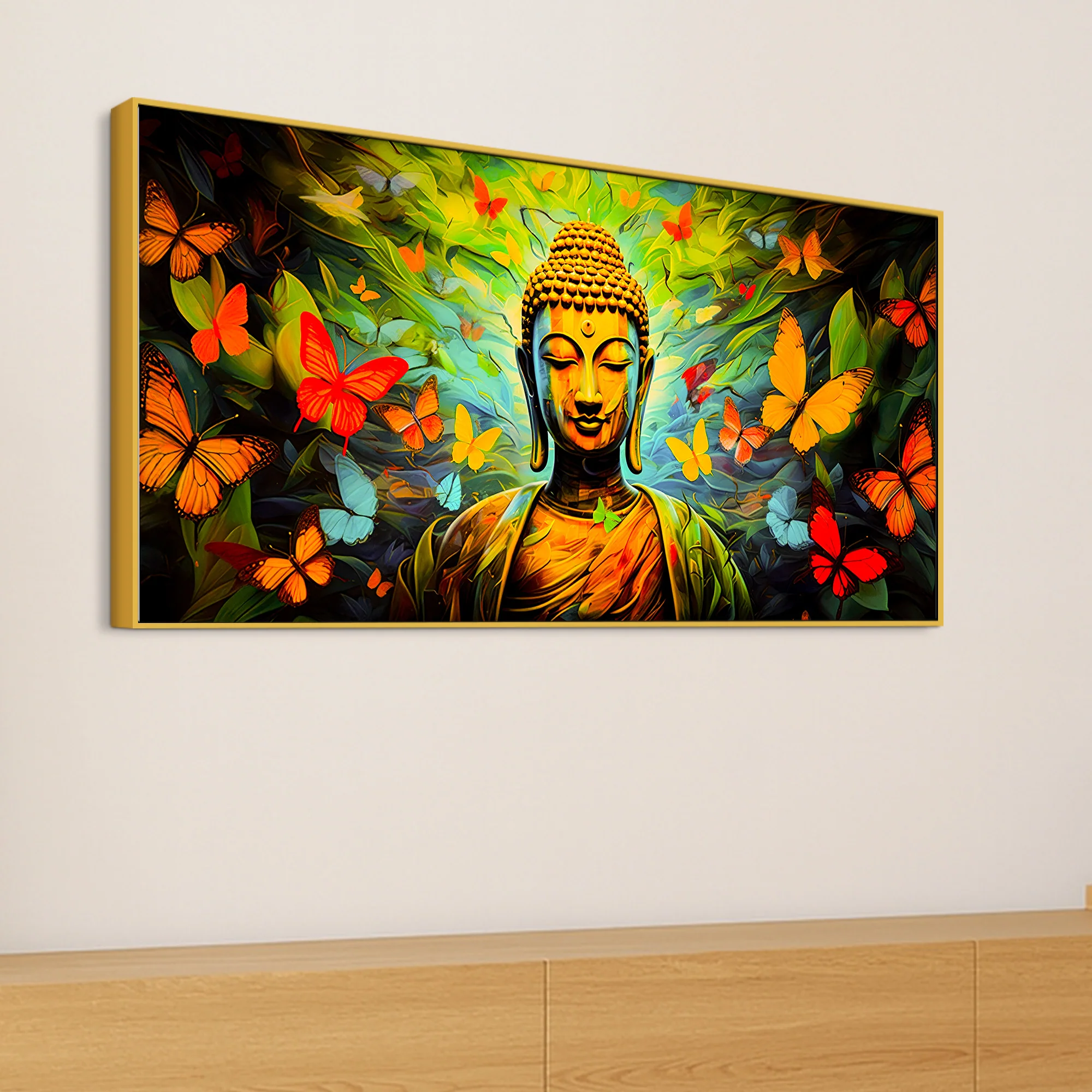 Divine Buddha Wall Painting with Butterfly & Green Nature Theme - Image 5