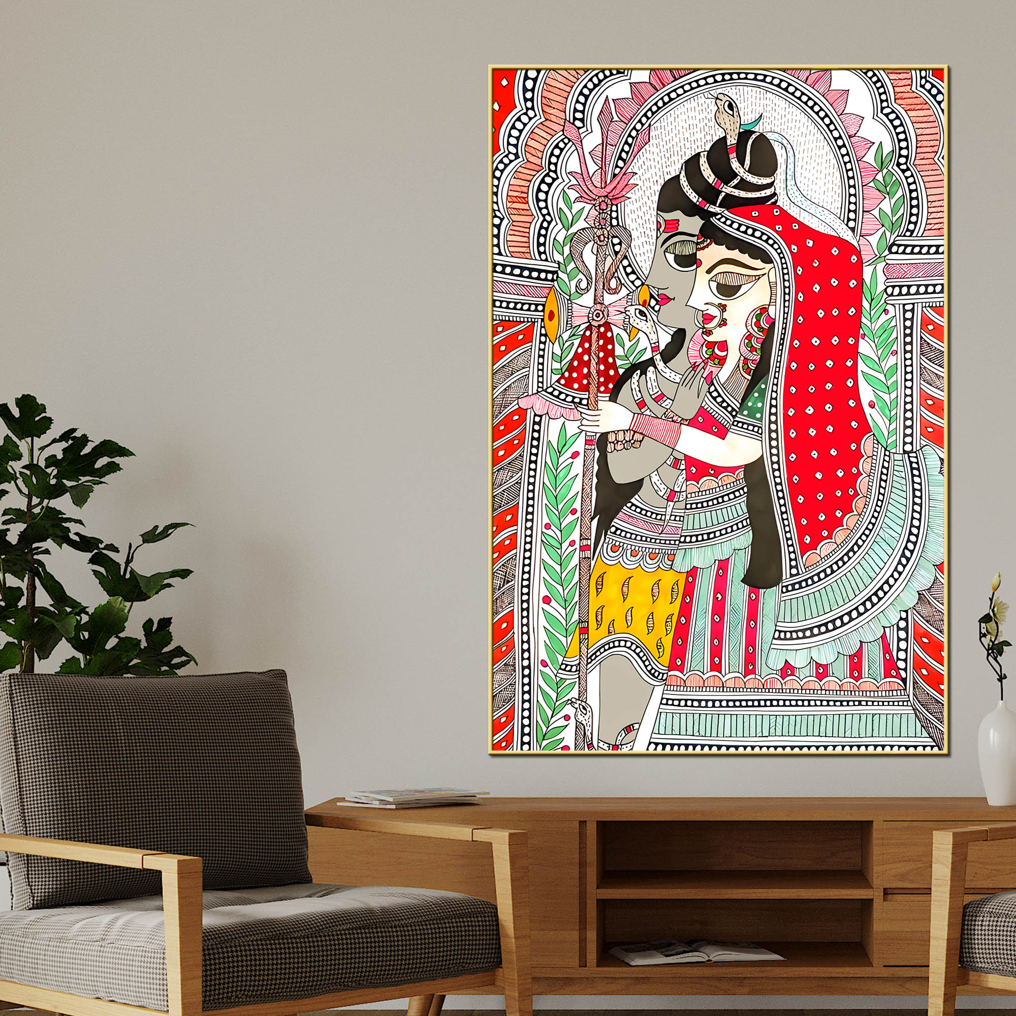 Divine Couple Lord Mahadev & Goddess Parvati Traditional Indian Canvas Wall Painting - Image 2