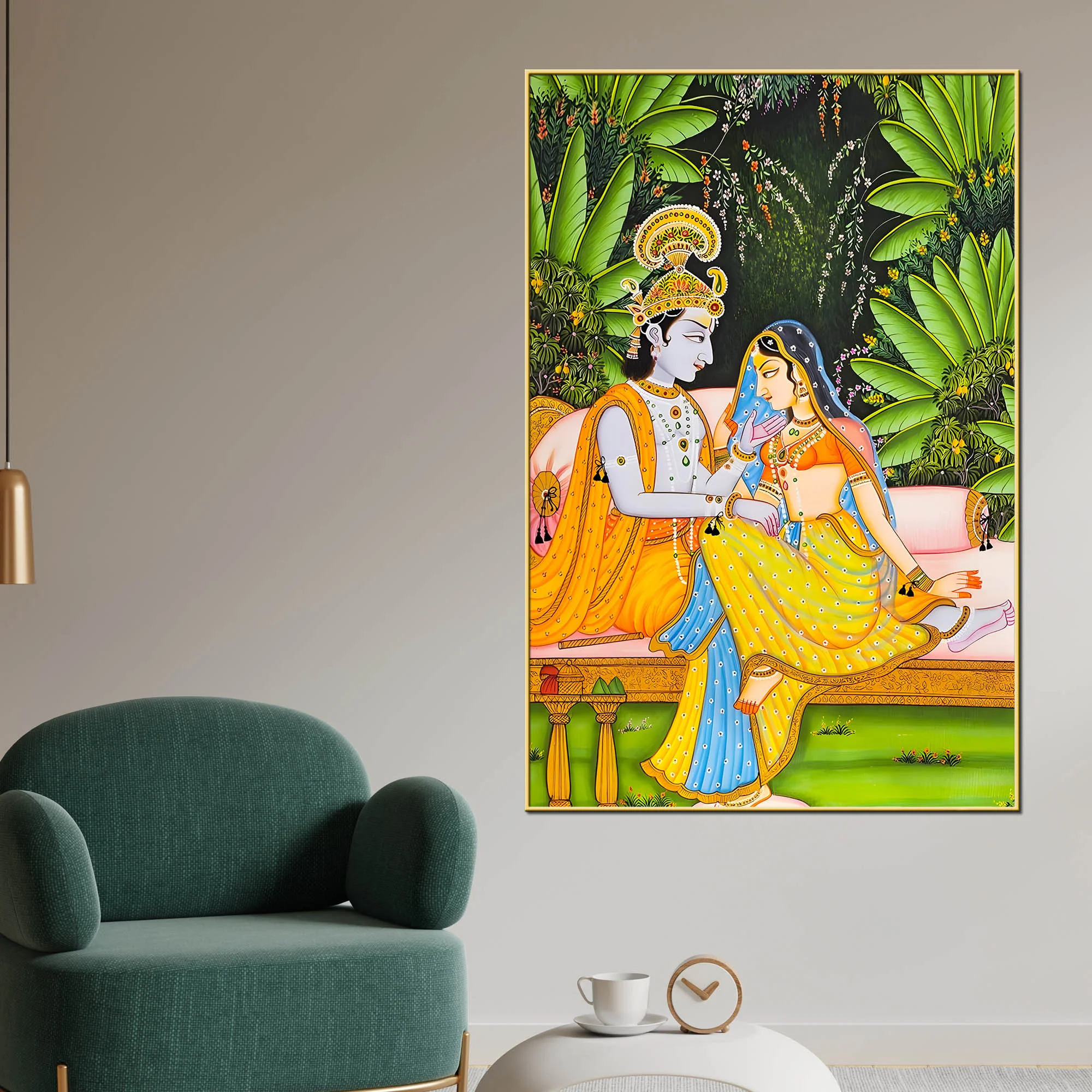 Divine Couple Shree Radha Krishna Sitting Together Canvas Wall Painting - Image 2