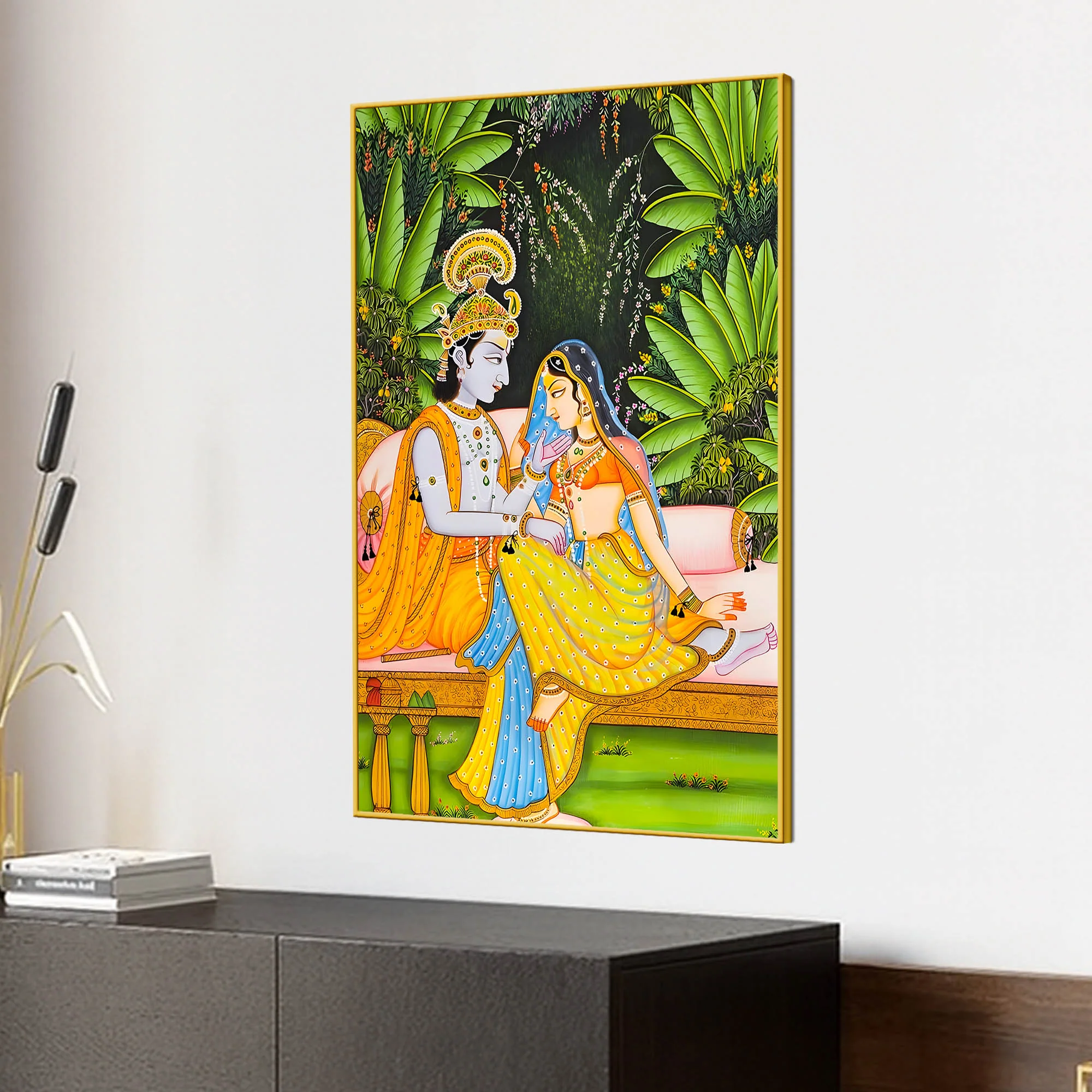 Divine Couple Shree Radha Krishna Sitting Together Canvas Wall Painting - Image 3