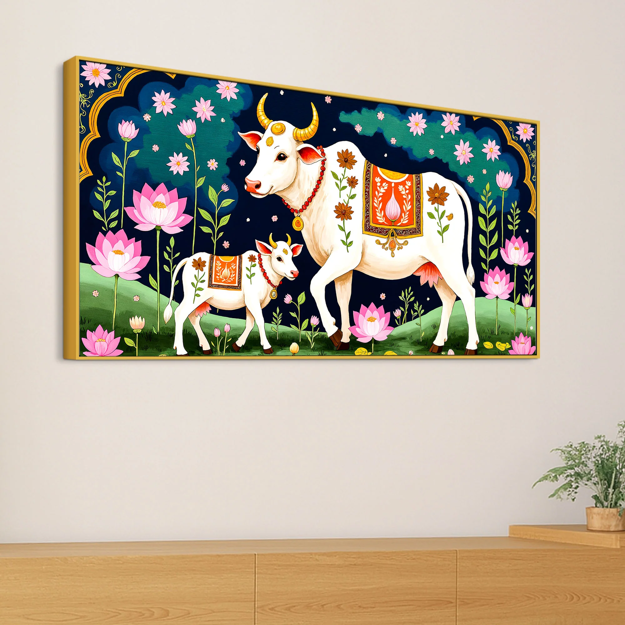 Divine Cow & Calf Pichwai Painting | Positive Energy Wall Decor - Image 5