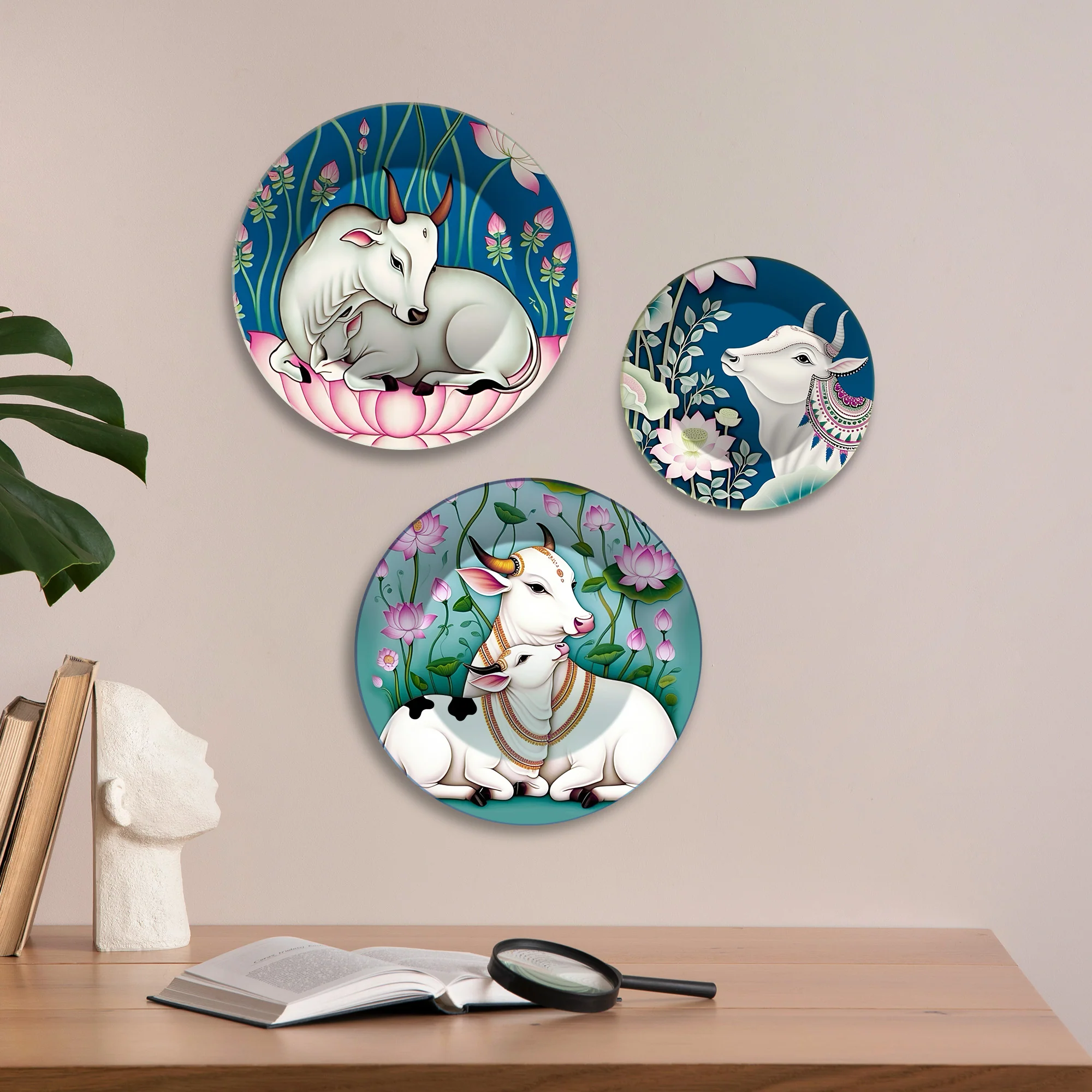 Divine Cow Motifs Lotus & Grace Premium Wall Plates Painting Set of 3 - Image 2