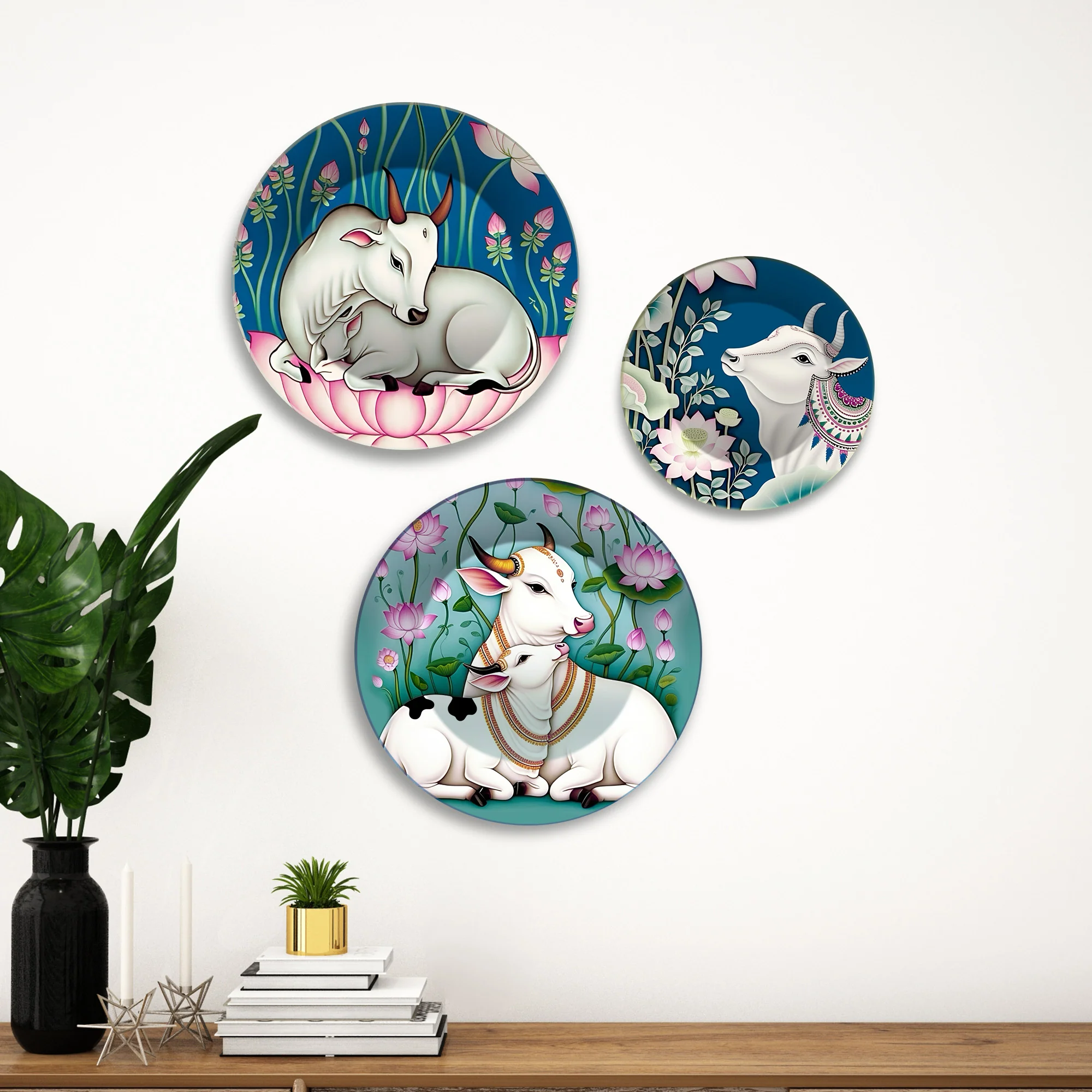 Divine Cow Motifs Lotus & Grace Premium Wall Plates Painting Set of 3 - Image 3