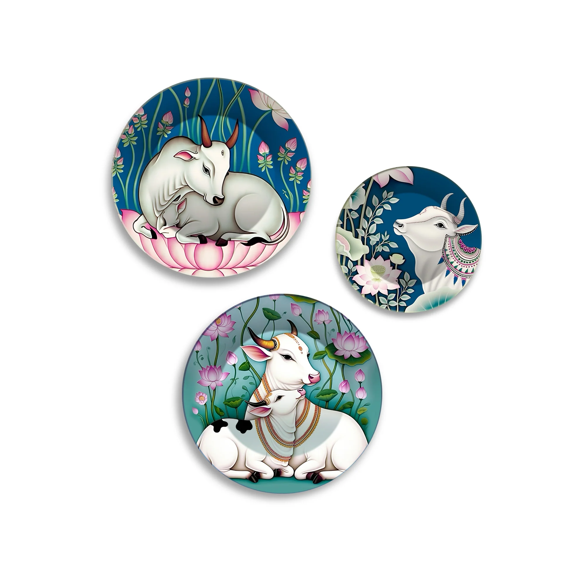 Divine Cow Motifs Lotus & Grace Premium Wall Plates Painting Set of 3 - Image 4