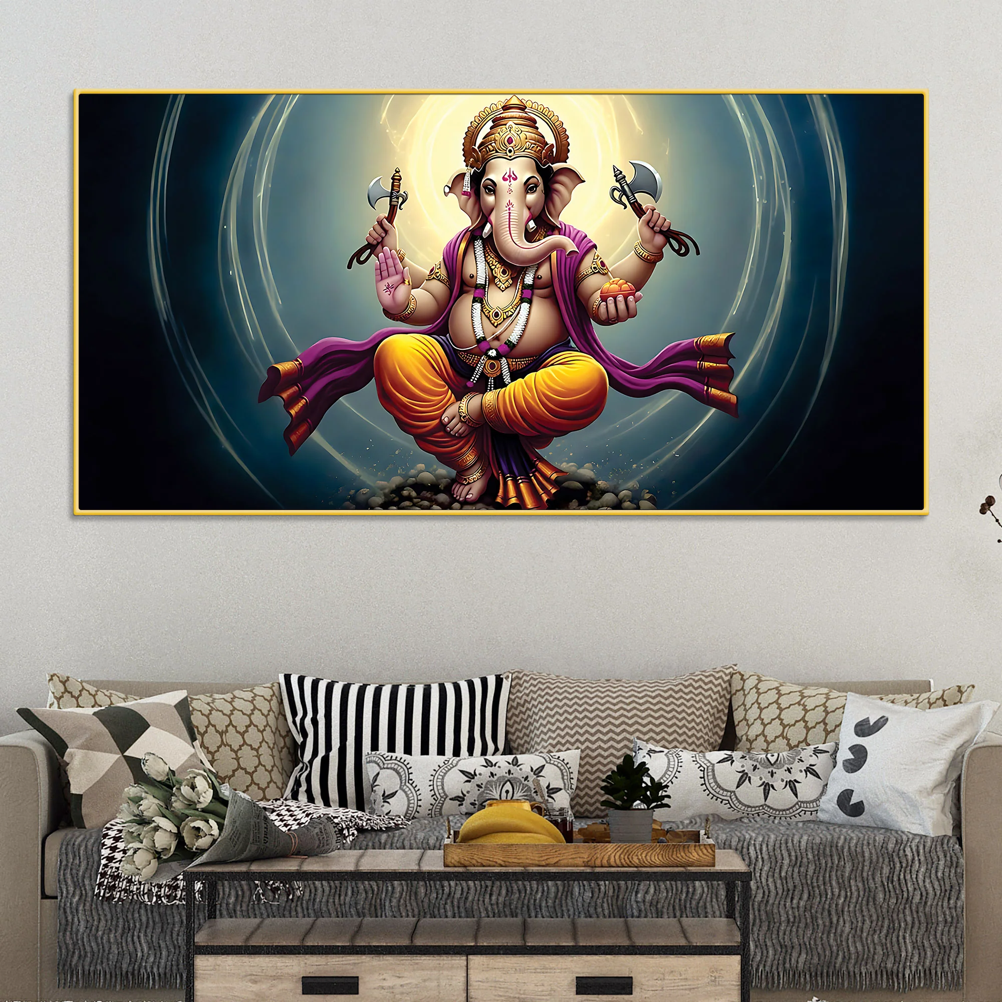 Divine Dancing Vighnaharta Ganpati Bappa Canvas Wall Painting for Home & Pooja Spaces – Modern Religious Wall Decor - Image 3