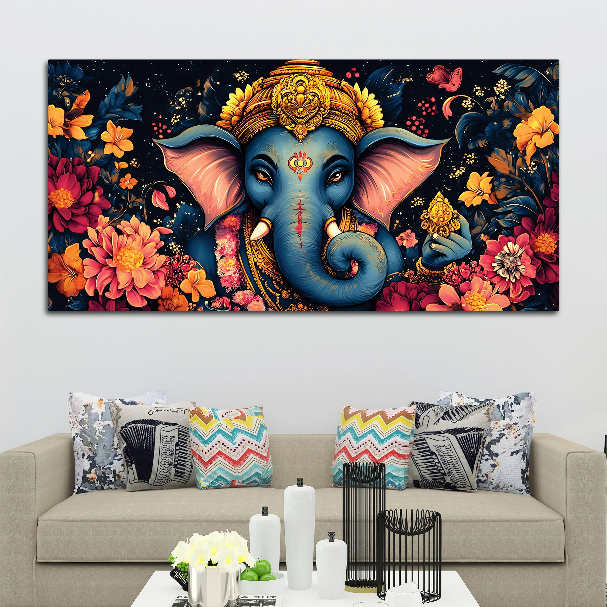 Divine Floral Majesty Lord Ganapati In Blossom Premium Canvas Wall Painting for Home & Office – Modern Devotional Wall Decor - Image 2