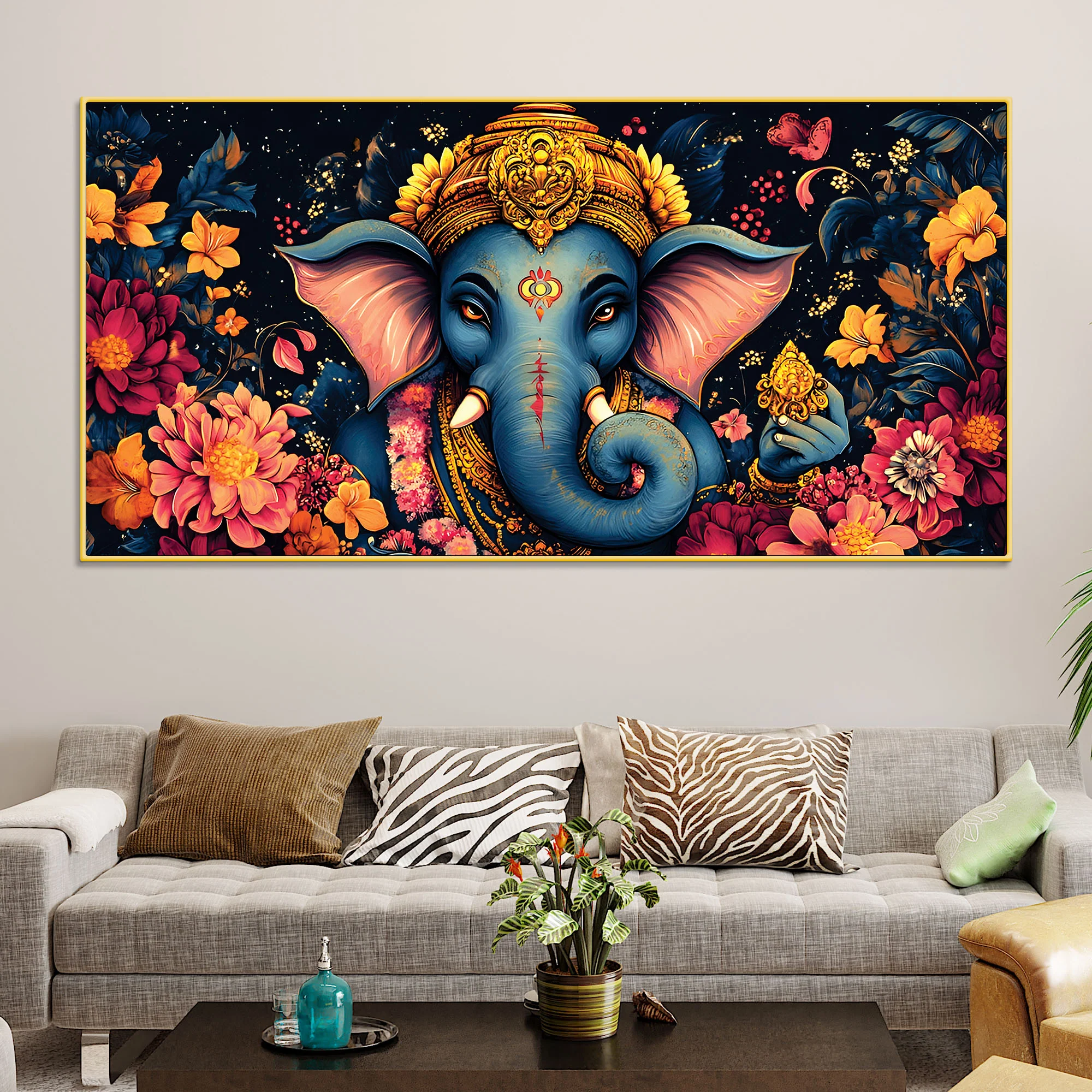 Divine Floral Majesty Lord Ganapati In Blossom Premium Canvas Wall Painting for Home & Office – Modern Devotional Wall Decor - Image 3