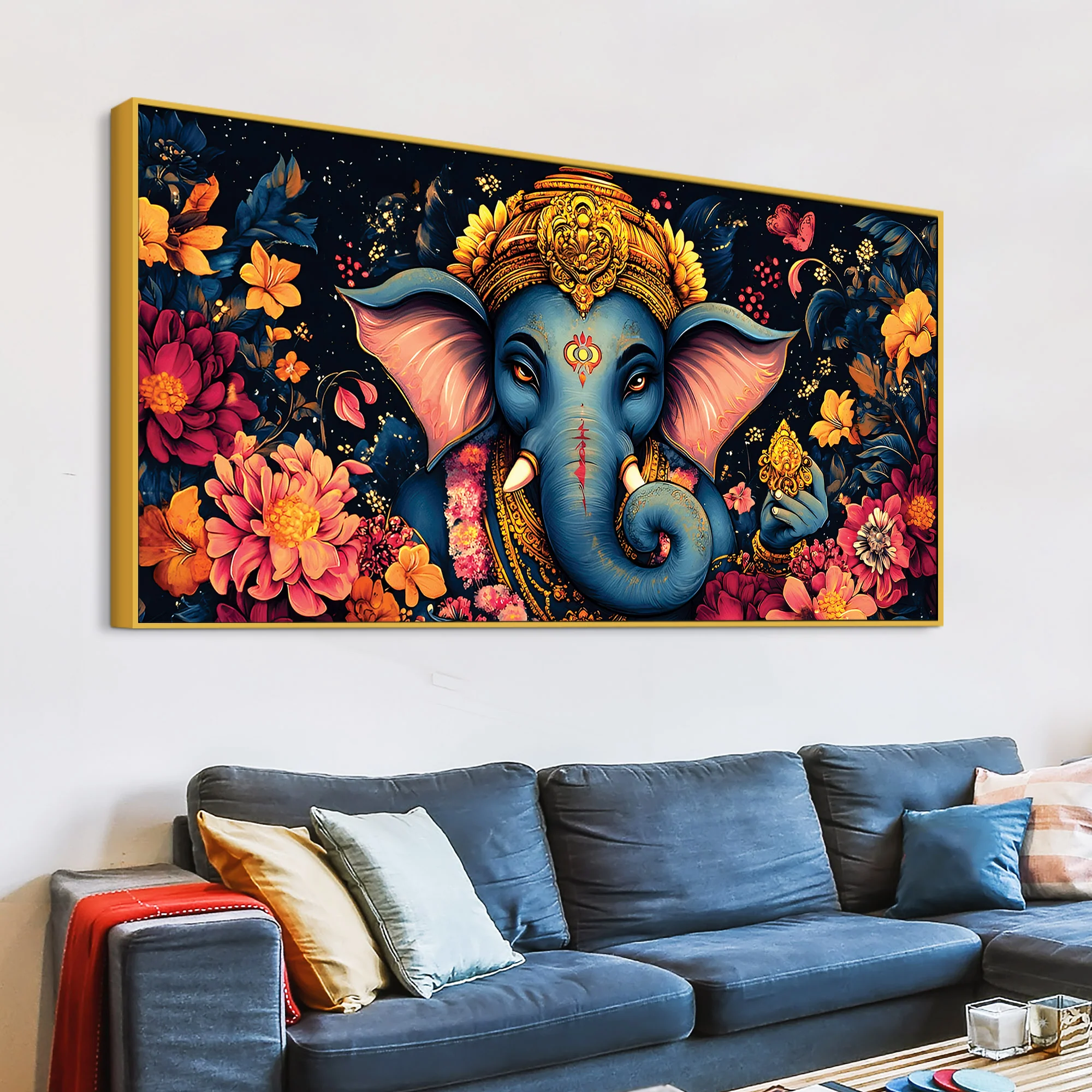 Divine Floral Majesty Lord Ganapati In Blossom Premium Canvas Wall Painting for Home & Office – Modern Devotional Wall Decor - Image 5