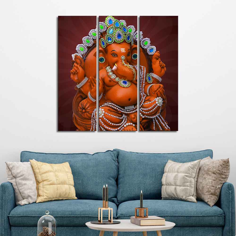 Divine Ganesha Sculpture Canvas Wall Painting Set of Three - Image 3
