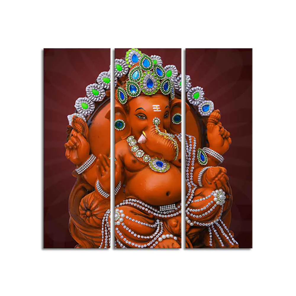 Divine Ganesha Sculpture Canvas Wall Painting Set of Three - Image 4