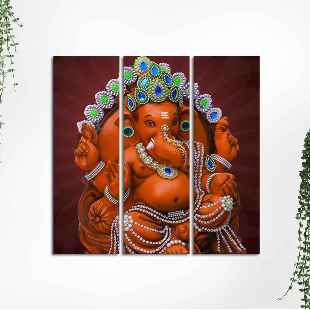 Divine Ganesha Sculpture Canvas Wall Painting Set of Three - Image 5