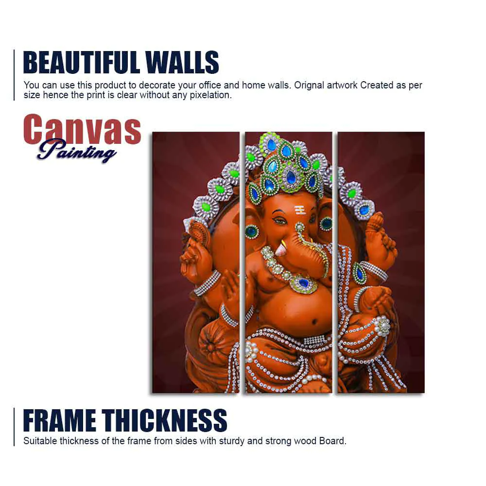 Divine Ganesha Sculpture Canvas Wall Painting Set of Three - Image 6