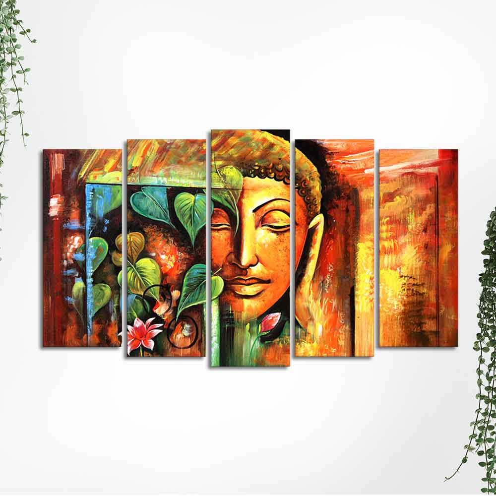 Divine Gautama Buddha Face Premium Canvas Five Pieces Wall Painting - Image 5