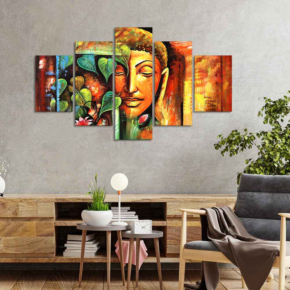 Divine Gautama Buddha Face Premium Frame Wall Painting of Five Pieces - Image 2