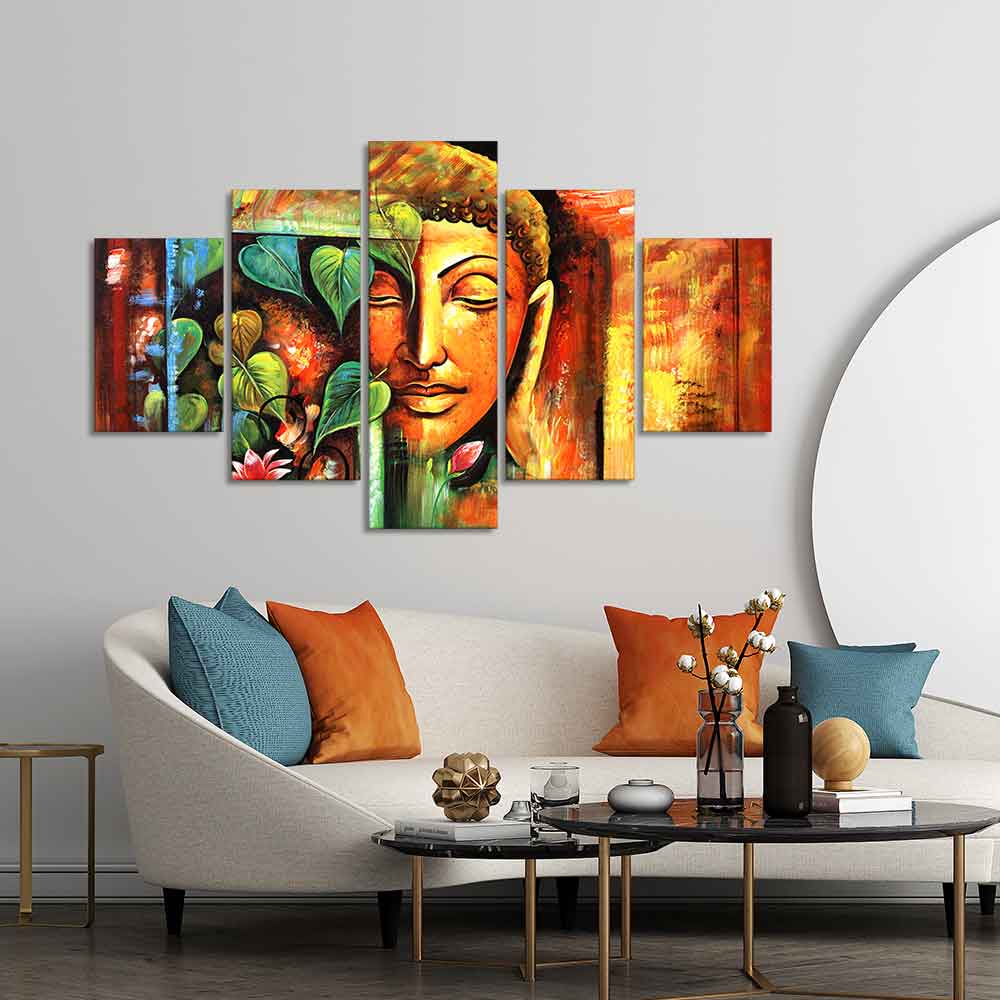Divine Gautama Buddha Face Premium Frame Wall Painting of Five Pieces - Image 3