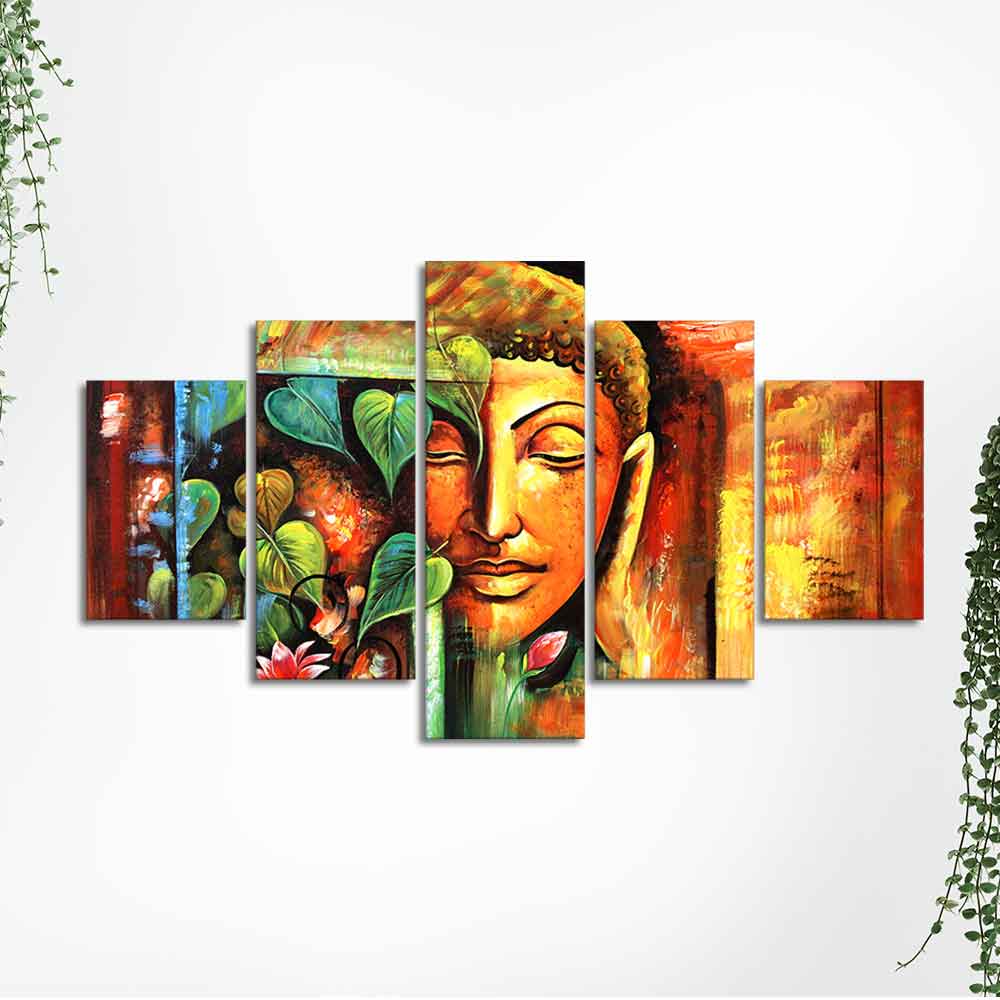 Divine Gautama Buddha Face Premium Frame Wall Painting of Five Pieces - Image 5