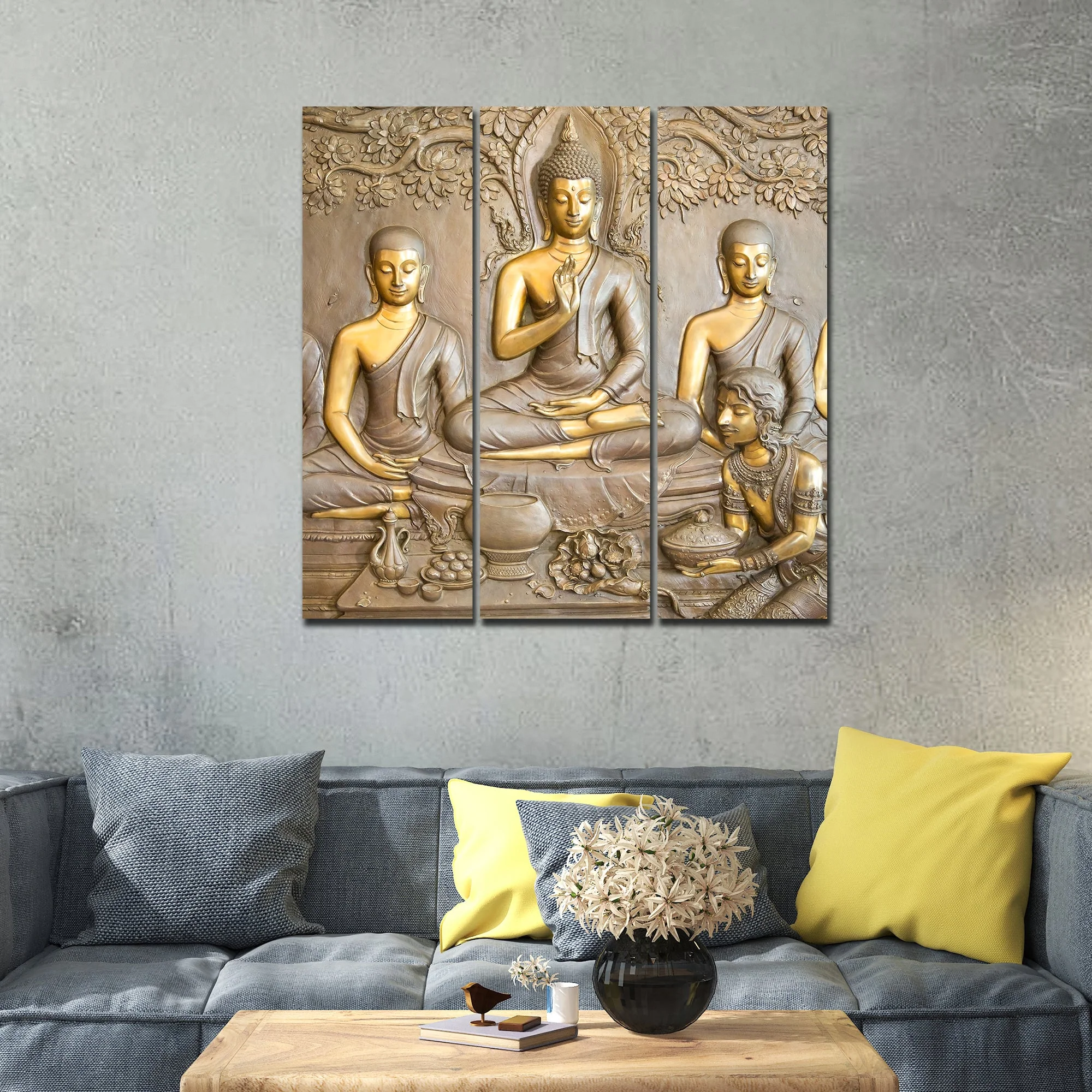 Divine God Buddha Wall Painting of Three Pieces - Image 2
