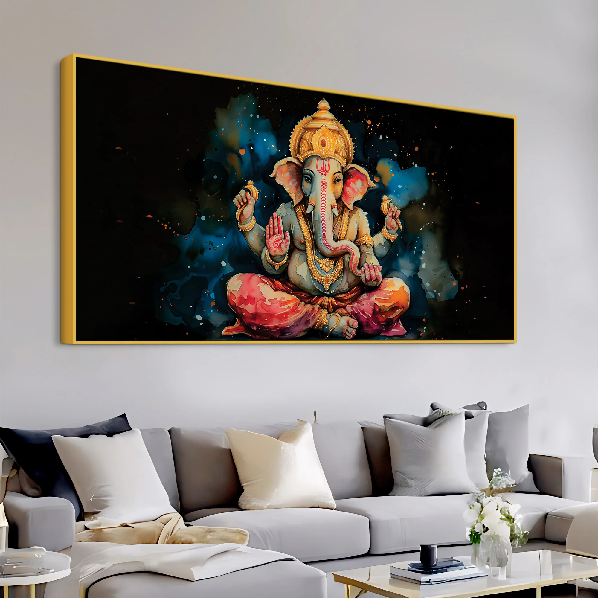 Divine God Lord Ganesha Meditating in Dark Abstract Canvas Wall Painting for Home & Office Wall Decor - Image 5