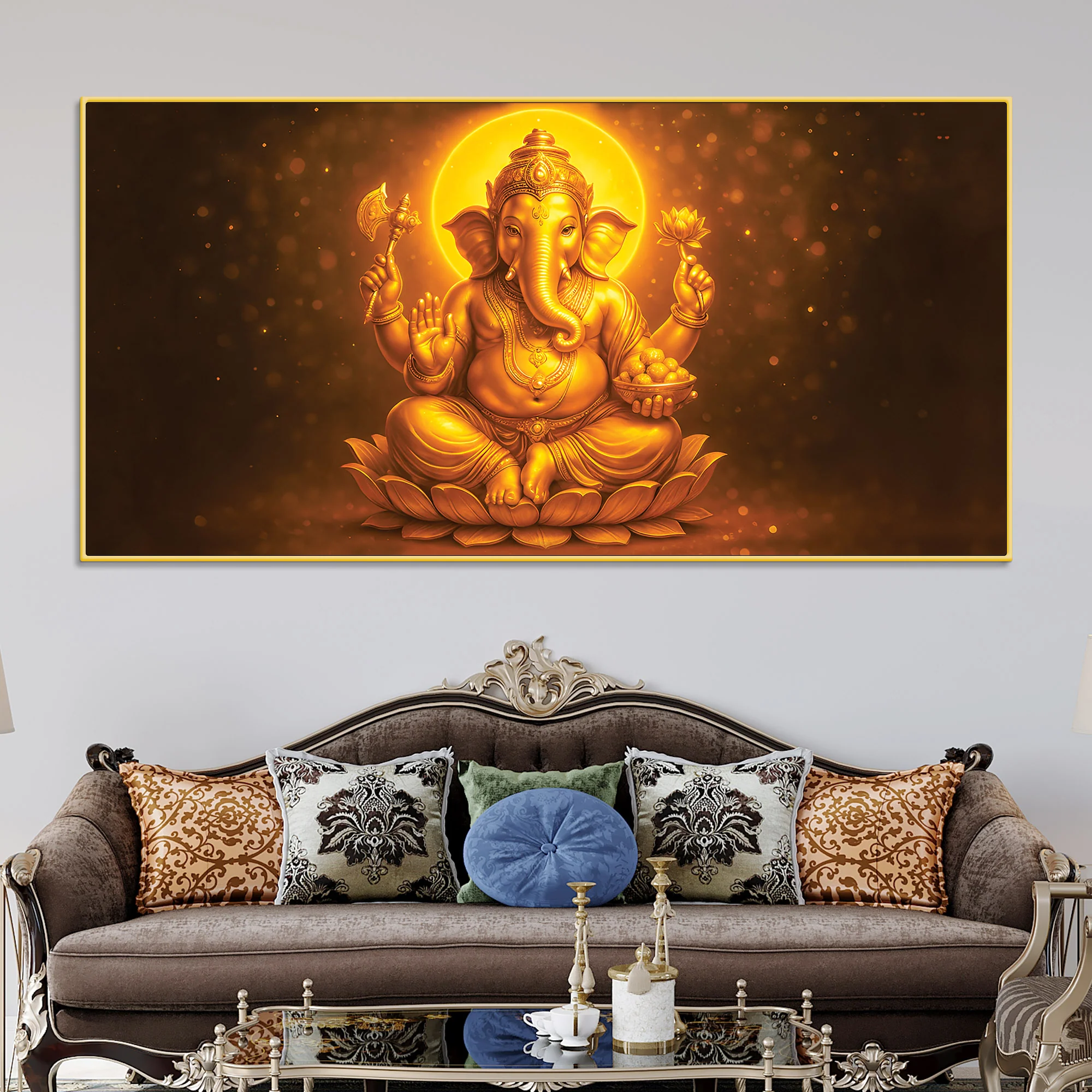 Divine Golden Ganpati Canvas Wall Painting for Home & Pooja Spaces – Modern Spiritual Wall Decor