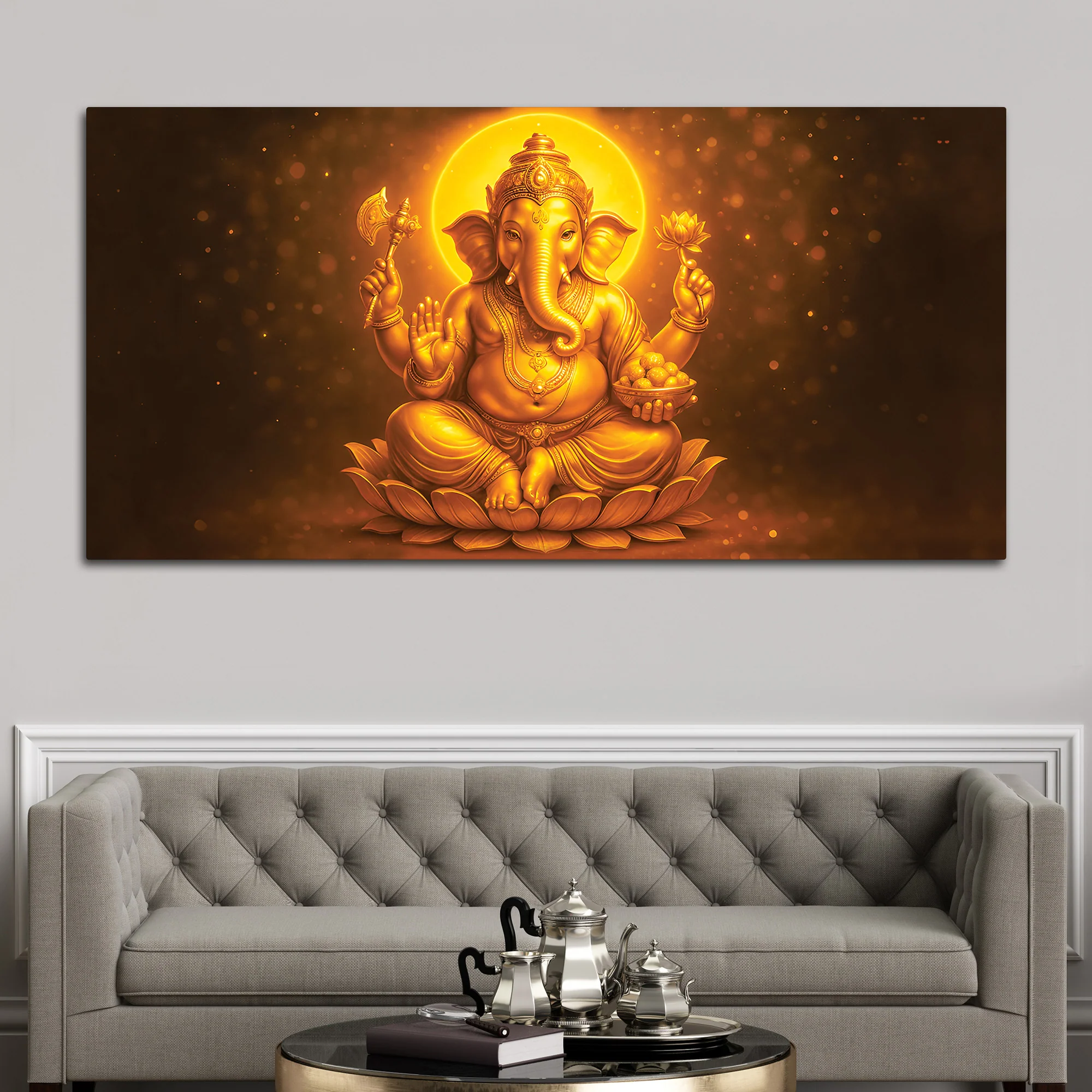 Divine Golden Ganpati Canvas Wall Painting for Home & Pooja Spaces – Modern Spiritual Wall Decor - Image 2