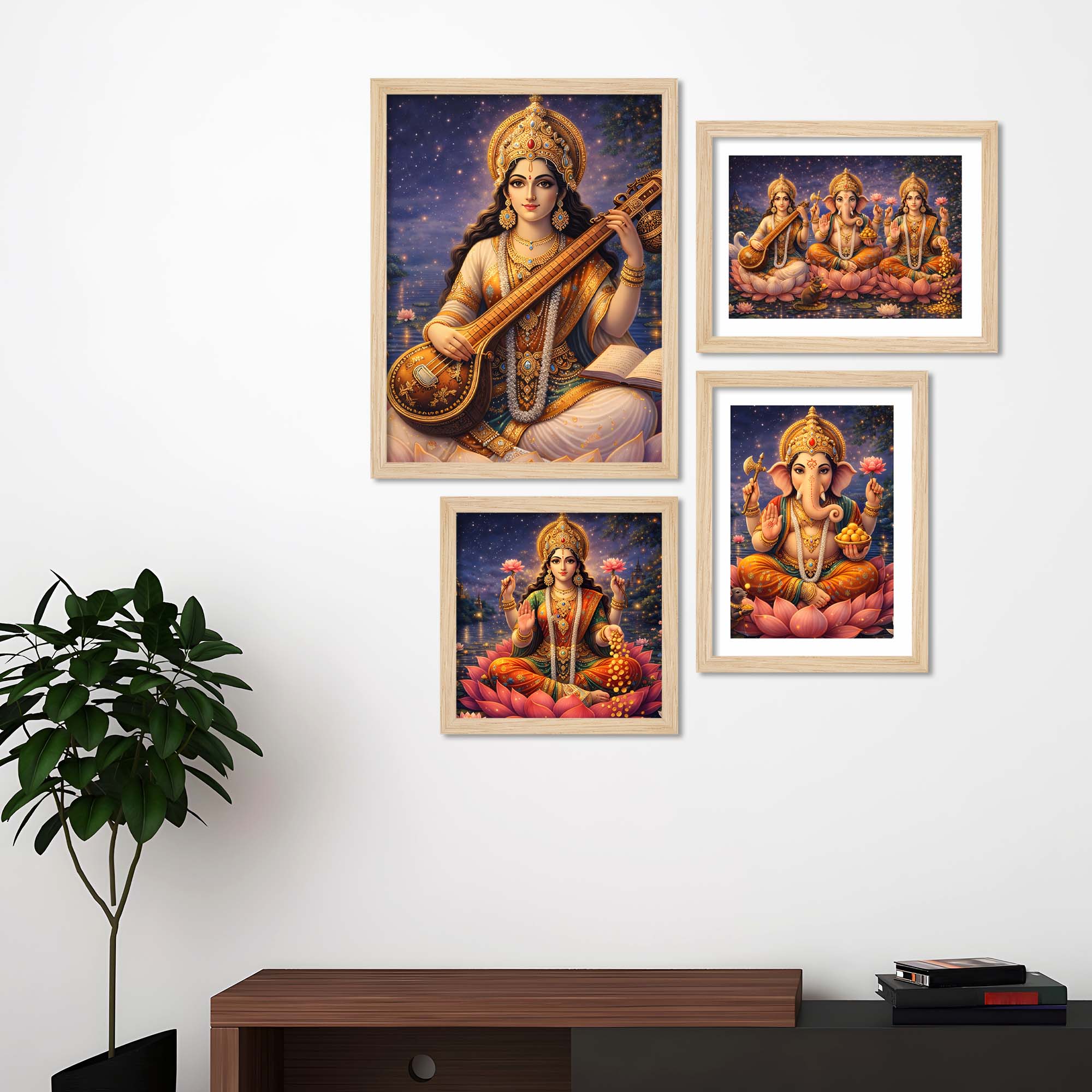 Divine Lakshmi Ganesha Saraswati Wall Frame Set of Four - Image 2