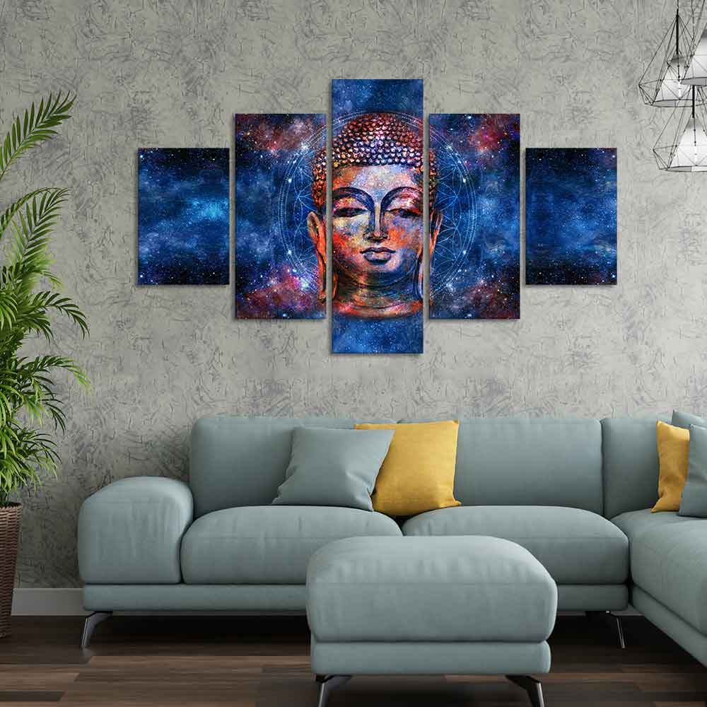 Divine Lord Buddha Head Colorful Wall Painting Five Pieces - Image 2