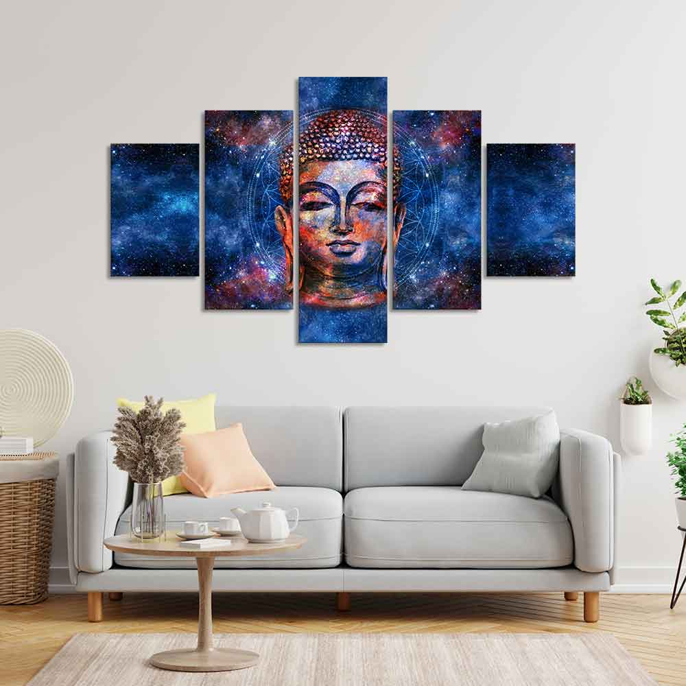 Divine Lord Buddha Head Colorful Wall Painting Five Pieces - Image 3